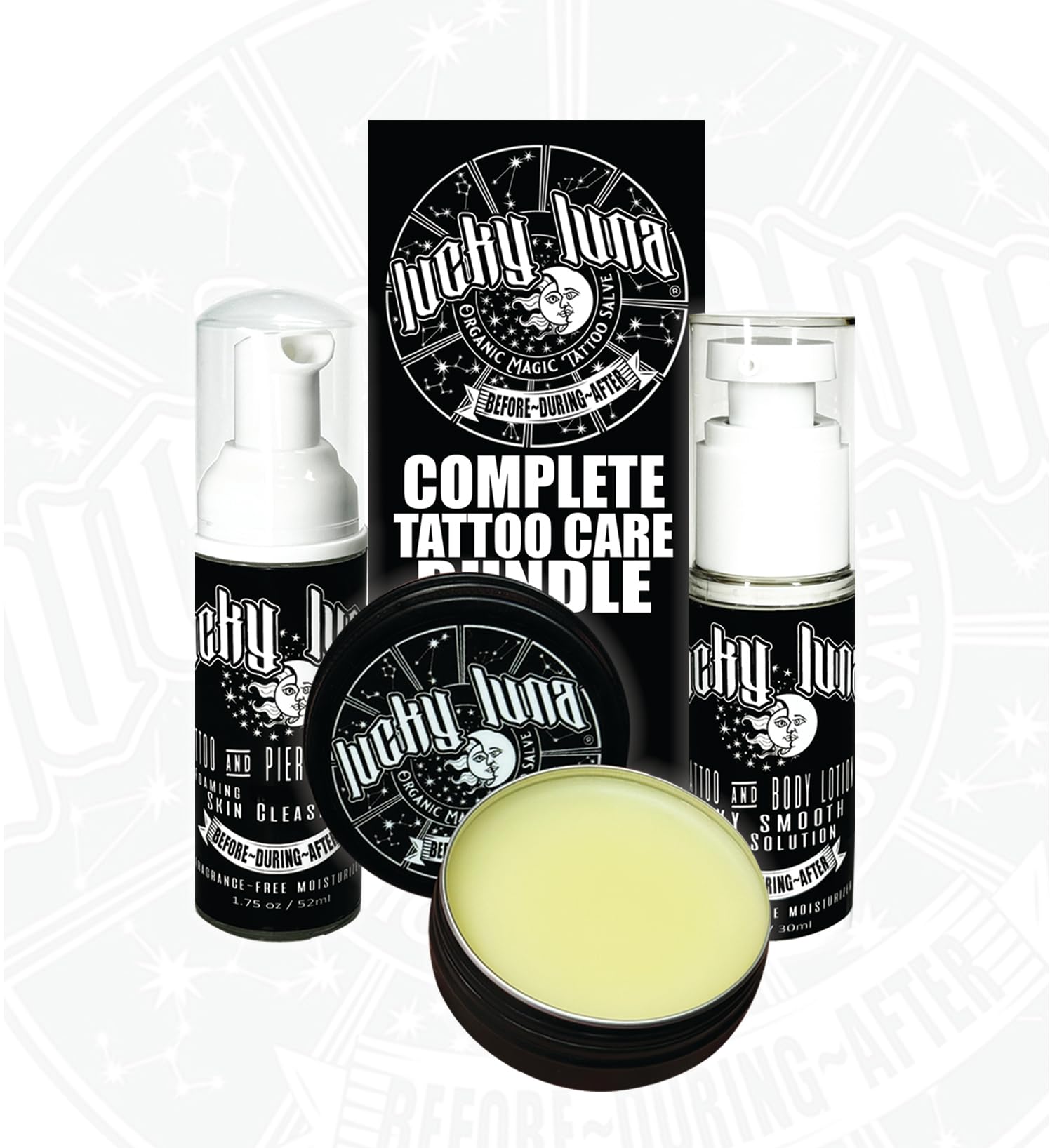 Amazon.com: LuckyLuna Complete Tattoo Care Bundle, Aftercare Kit, Includes  Foaming Soap, 1oz Organic Magic Salve, Tattoo and Body Lotion, Professional  ...
