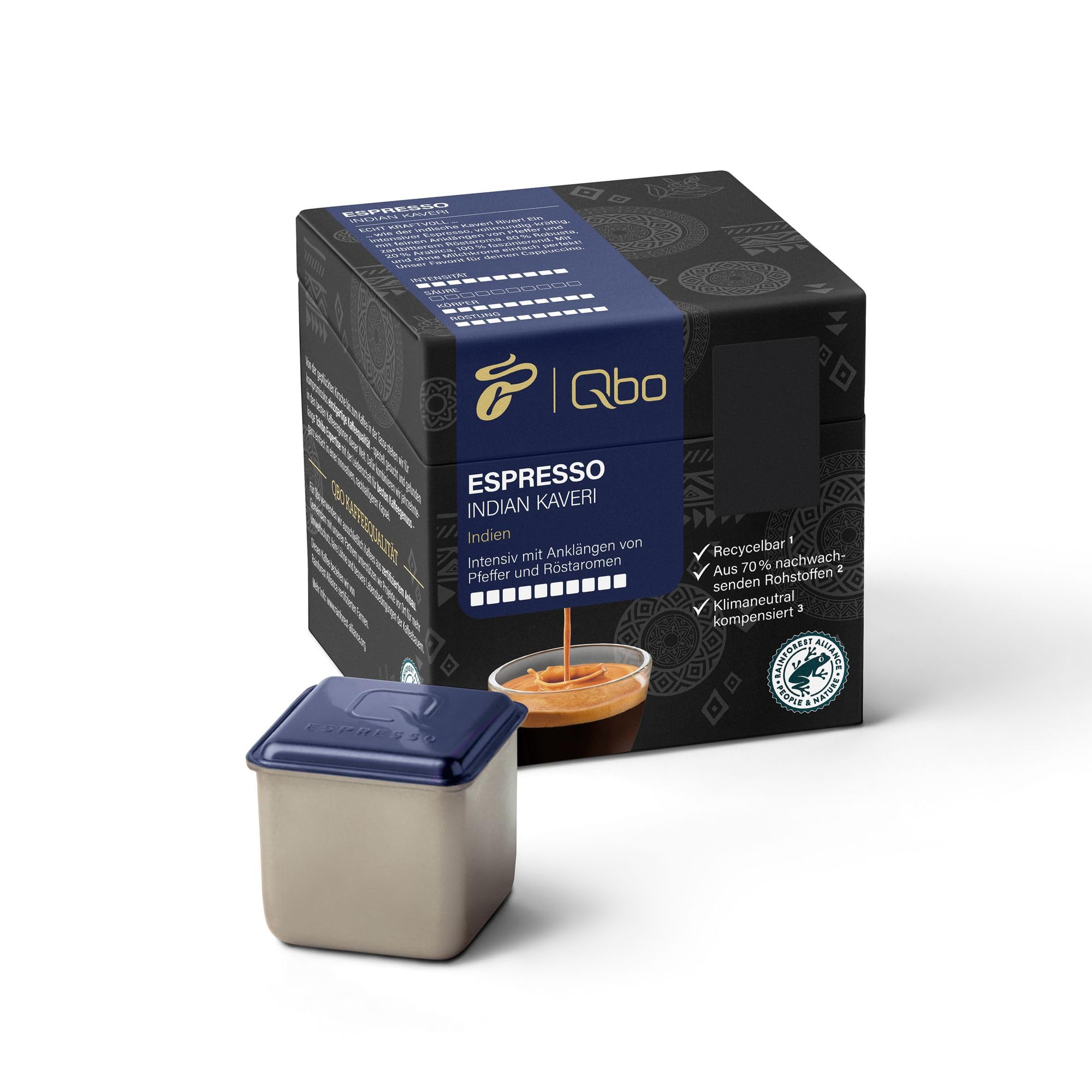 Tchibo Qbo Espresso Indian Kaveri Premium Kaffeekapseln, 8 Stück (Espresso, Intensität 10/10, intensiv und pfeffrig), nachhaltig, aus 70% nachwachsenden Rohstoffen & klimaneutral kompensiert