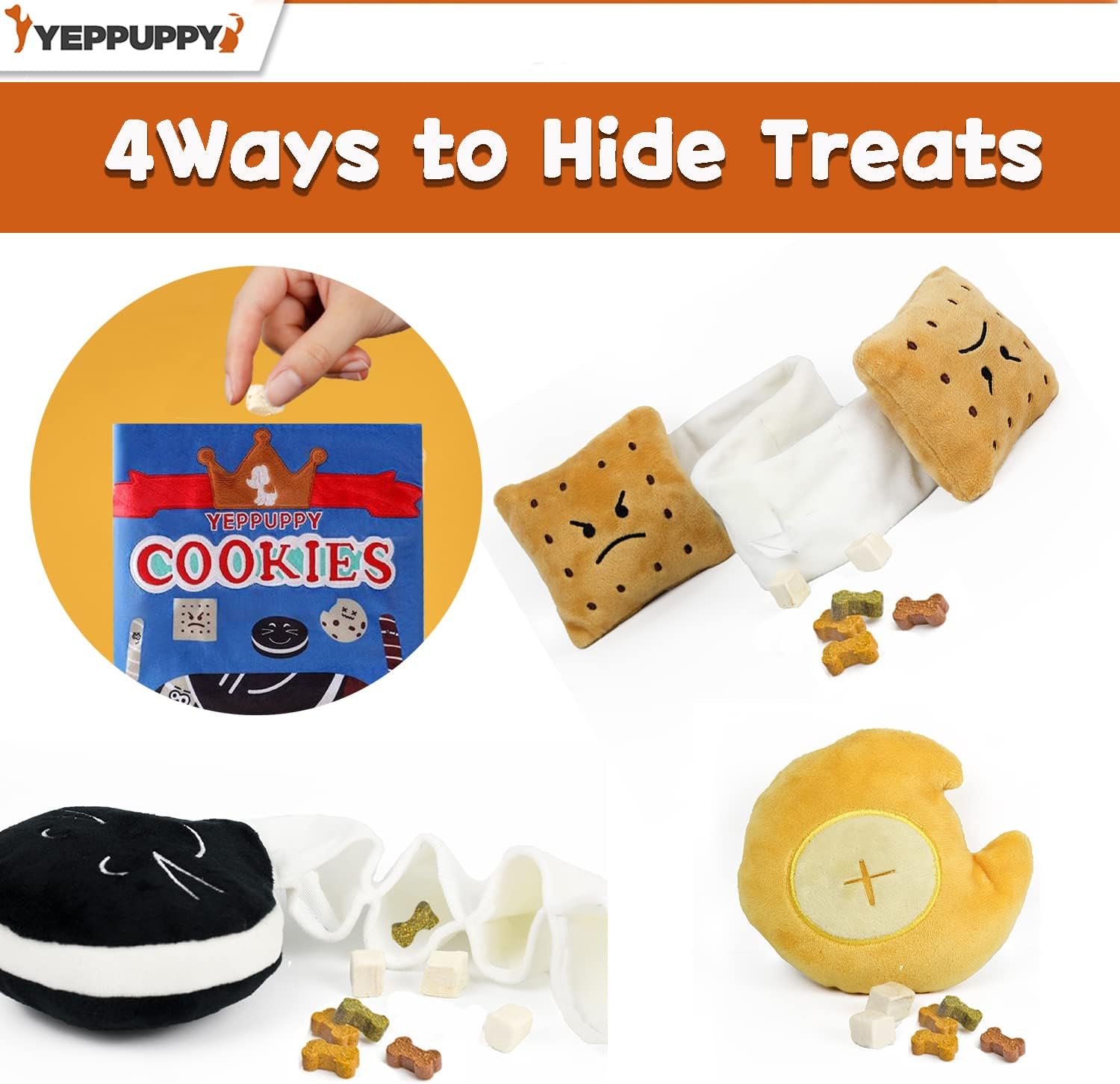 YEPPUPPY Sniffing Play for Mental Stimulation& Hide & Seek Plush Treat Dispenser – Boredom-Busting Interactive Burrow Dog Toy – Snuffle Puzzle Enrichment Gamewith Crinkle Bag and Cookies Design