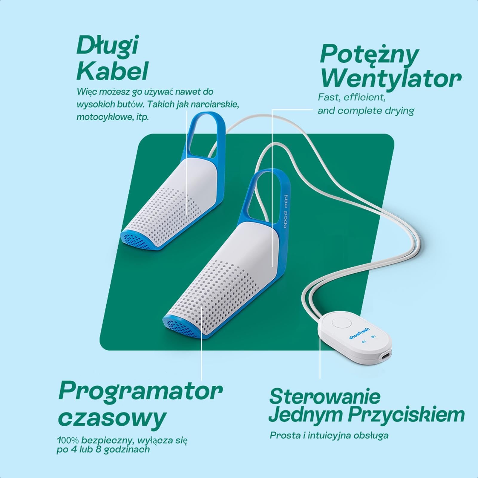 Shoefresh Opod Mini Elektryczna Suszarka do Butów, USB-C, Przenośna, Timer | Ciepłe powietrze 40°C, Timer 4 lub 8 godz., Dezodoryzacja obuwia, Piłkarskie, sneakers, rękawice i buty narciarskie