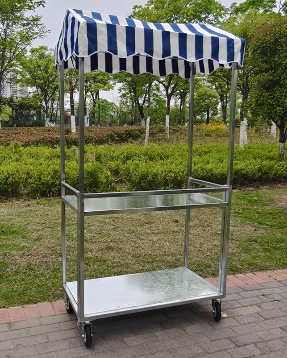 Tavoli Pieghevoli per Mercatini Carretto Ambulante per la Vendita di Cibo da Strada, Hot Dog, Carretto Mobile A Due Piani per Fiere, Feste, Matrimoni, Compleanni(Blue,Width 100cm(40"))