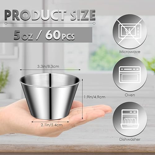 Miniatura 2 de 60 tazas de salsa de acero inoxidable a granel, 5 onzas, recipientes de metal para salsa, cuencos para condimentos, reutilizables, apilables,