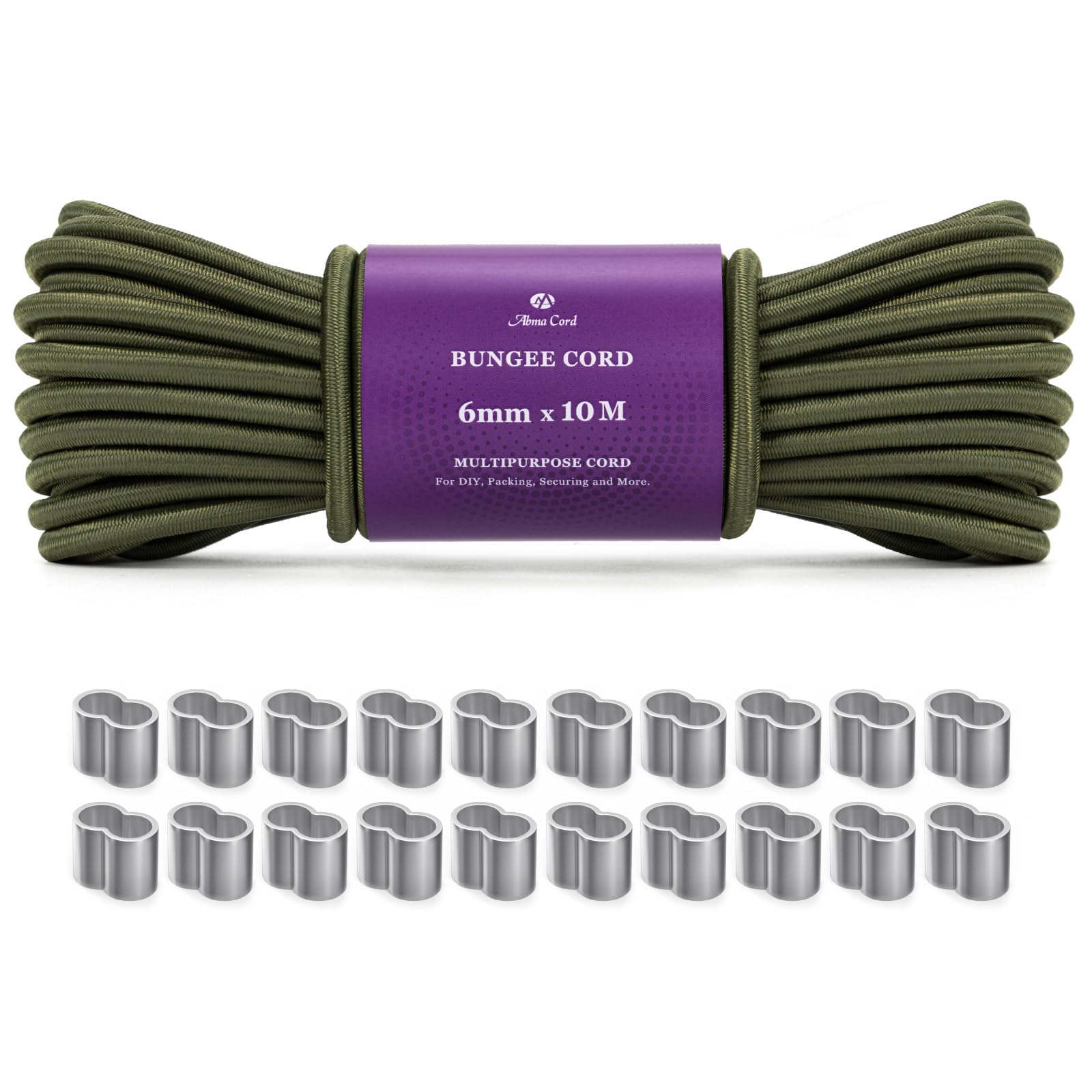 Abma Cord Bungee Cord 6mm 10M Elastic Shock Cord with 20Pcs Crimping Loop Sleeves for Trailer, Tarpaulin, Camping, Tent Pole, Kayak - Army Green