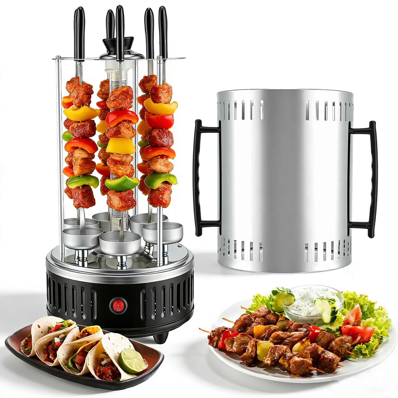 Elektrischer Schaschlikgrill für Balkon und Zuhause,1000W Vertikalgrill mit 12 Spießen & 2 Heizröhren, 500°C, 360° Rotation, Rauchfrei, Ideal als BBQ Tischgrill oder Dönerspieß-Grill, Zuhause, Balkon