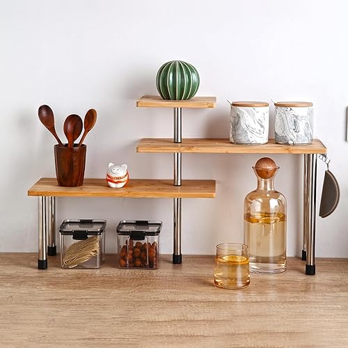 Miniatura 7 de HYNAWIN Estante de bambú para especias para encimera, estantes de escritorio de 3 niveles, organizador de ahorro de espacio, estante ajustable