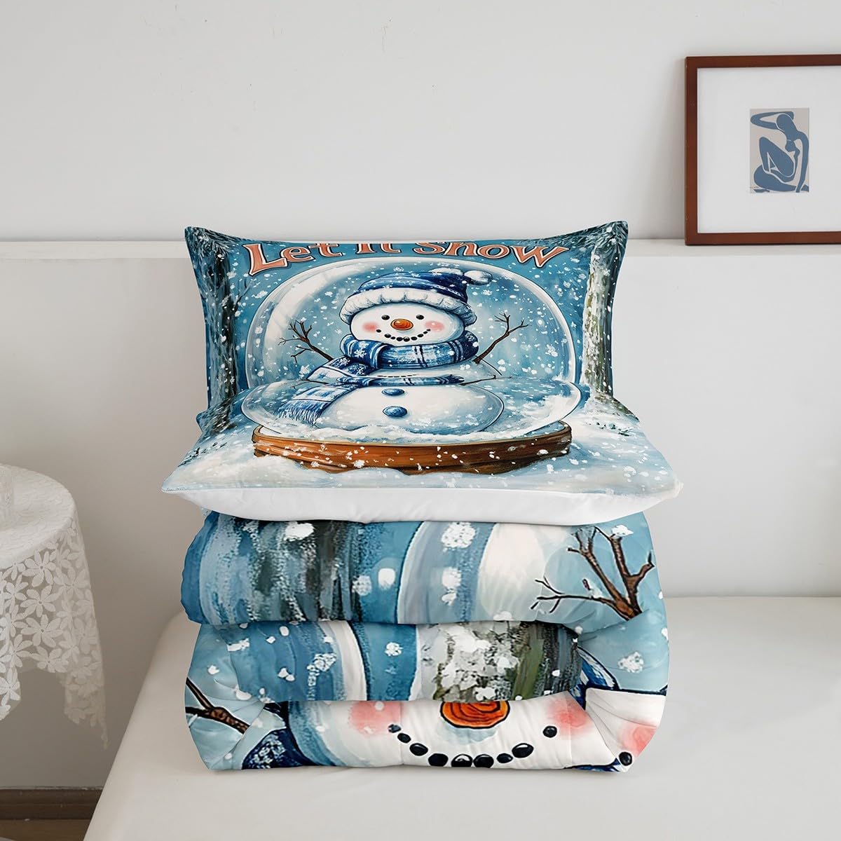 Castle Fairy Winter Snowman Comforter Queen,Merry Christmas Theme Dreamy Glass Ball Quilt Comforter with 2 Pillowcases,Outdoor Snow Botanical Plants Bedding Set Comfortable,Soft and Breathable