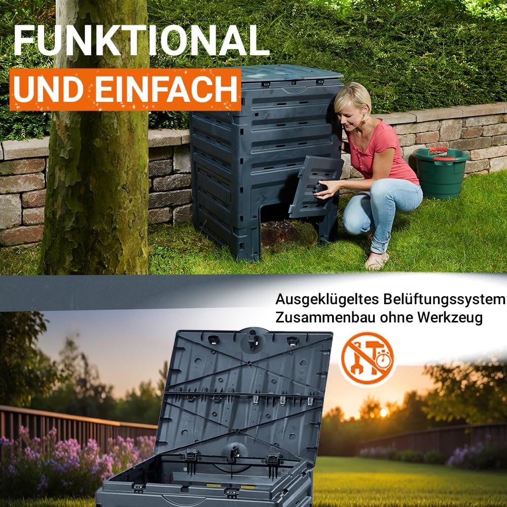 GARANTIA ECO-Master Kunststoff-Komposter 300 Liter schwarz - Kompostbehälter für Gartenabfall und Kompostierung - Schnellkomposter Garten mit großer Öffnung - praktische Entnahme durch Griffmulde