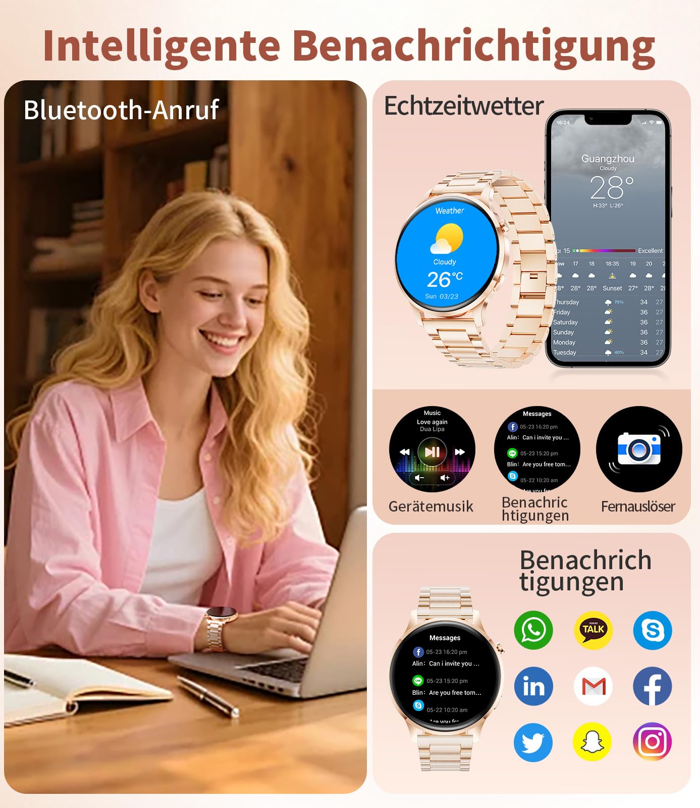 SUNKTA Smartwatch Damen mit Telefonfunktion 7,9mm Dünn 1.32" AMOLED Elegant Edelstahl Smart Watch Frauen für Android iOS,Herzfrequenz,Schlafmonitor,Menstruationszyklus,100+ Sportmodi,Roségold