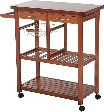HOMCOM Carrito de Cocina Mesa Servicio Auxiliar Madera y Metal Cromado con 4 Ruedas 2 Cajones y Botellero 81 x 38 x 85 cm