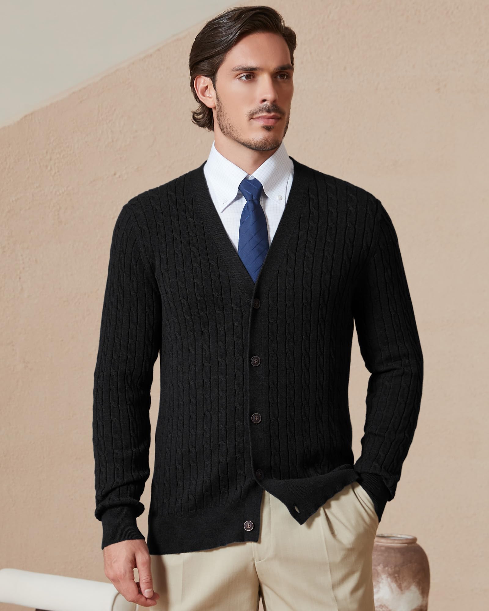 Kallspin Herren 100% Baumwolle V-Ausschnitt Langarm Strickjacke mit Zopfmuster Knöpfen Casual Cardigan Sweater
