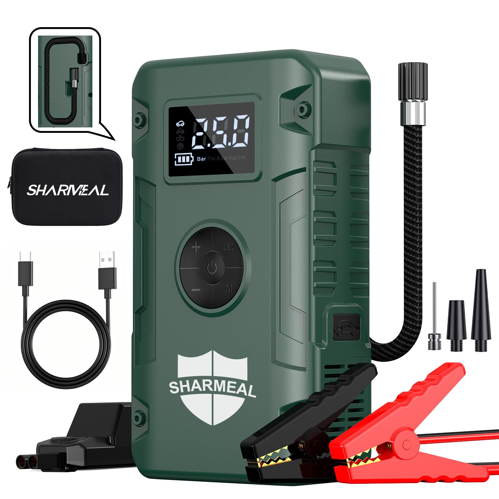 Sharmeal Jump Starter 6000A,12V Car Battery Jump Starter with Air Compressor (Up to All Gas or 10.0L Diesel Engine), Battery Booster with 3 Modes Flashlight and Jumper Cable