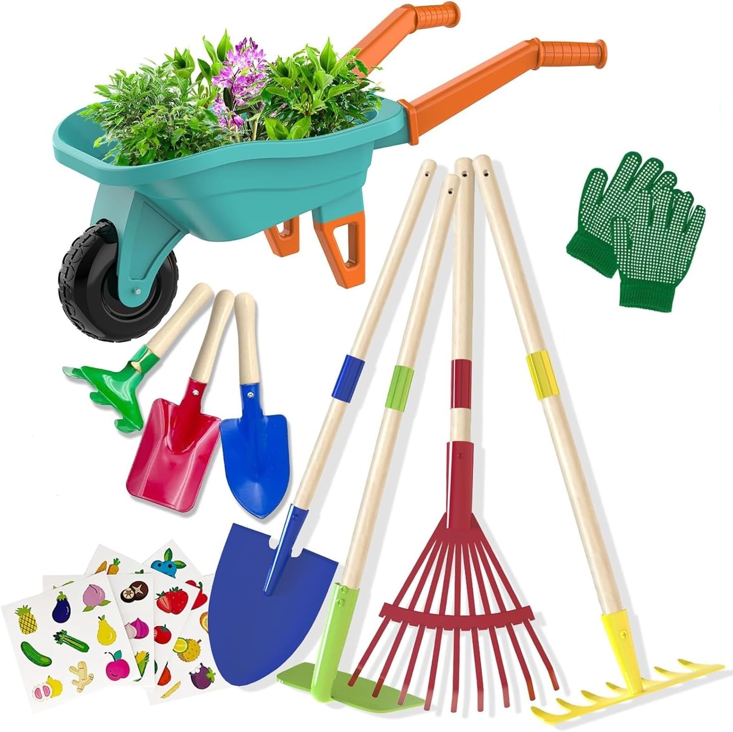 LATERN Juego de Herramientas de Jardinería para Niños, 70CM Carretilla con 70CM Metálica Pala Rastrillo Azada Hojas Rastrillo 20CM Pala Rastrillo Guantes para Exteriores Jardín Patio Césped Excavación