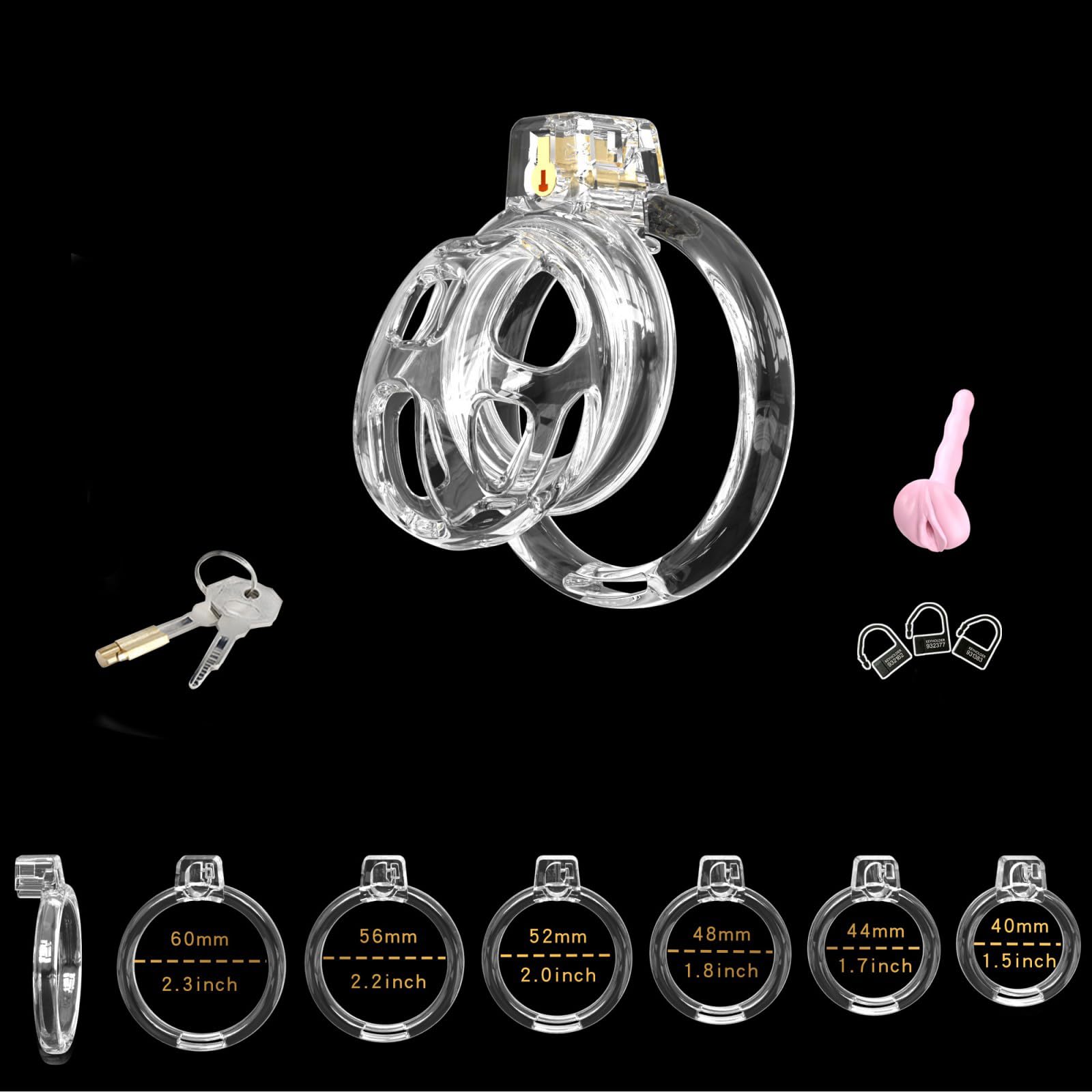 Cage de Chasteté Pénis en Silicone Sex Toýs Homme Cage Chastetée avec 6 Anneaux de Tailles Différentes et des Serrures Invisibles Ceintures de Chasteté et Respirante Chastity Cage (Transparent,S)