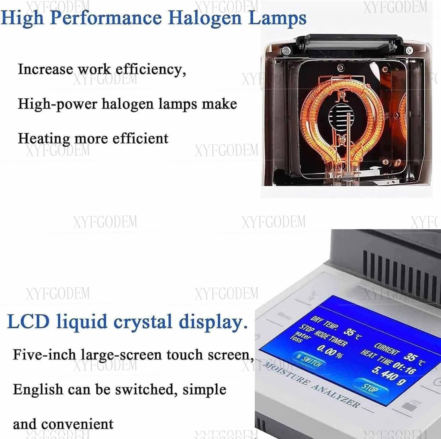 Analizador de Humedad Halógeno Laboratorio, Medidor Electrónico Precisión con Pantalla LCD Táctil 5 Pulgadas, Balanza Secado por Lámpara Halógena para Agricultura