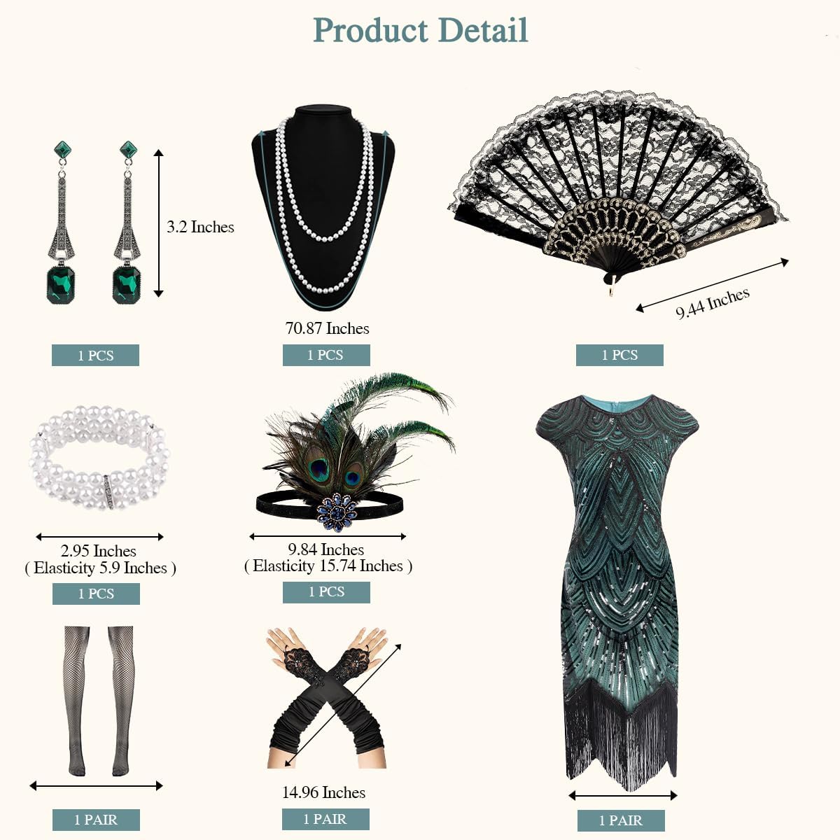 Women's Flapper Dresses 1920s Sequin Fringe Beaded Cocktail Crew Neck Dress Roaring 20s Accessories Vintage Lace Fan Headband - Image 2