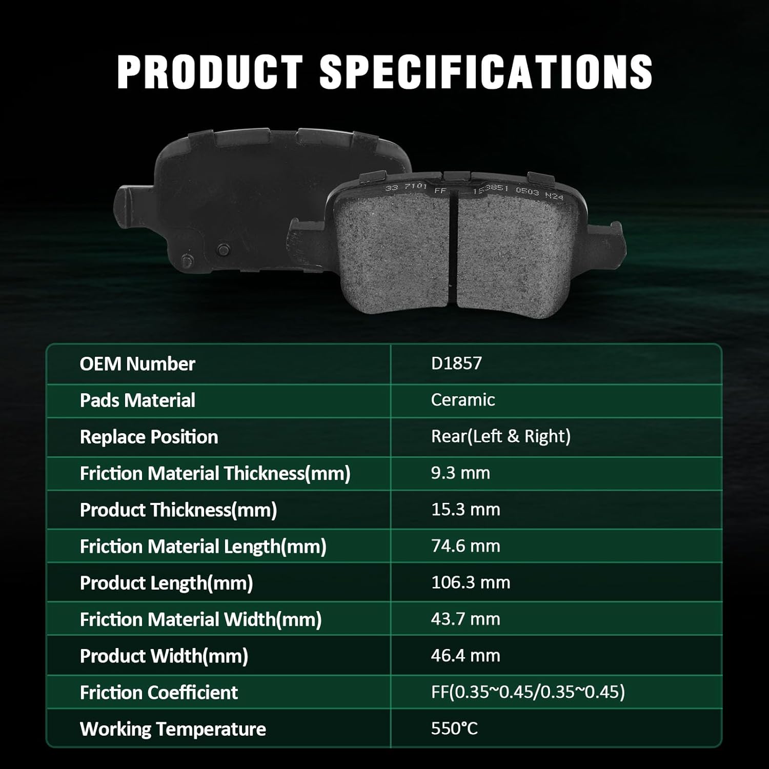 AUTOMUTO 4PCS Rear Ceramic Disc Brake Pads Set D1857 For Chevrolet Bolt EUV 2022, Bolt EV 2017-2023, Cruze 2016-2019, Volt 2016-2019