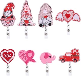 Kalolary Valentine's Badge Reel, 8 Pieces Nurse Retractable Badge Holder with Alligator Clip Heart Gnome Pink Reel Felt ID Name Badge Holder Valentine's Gift for Students Nurses Teachers Office