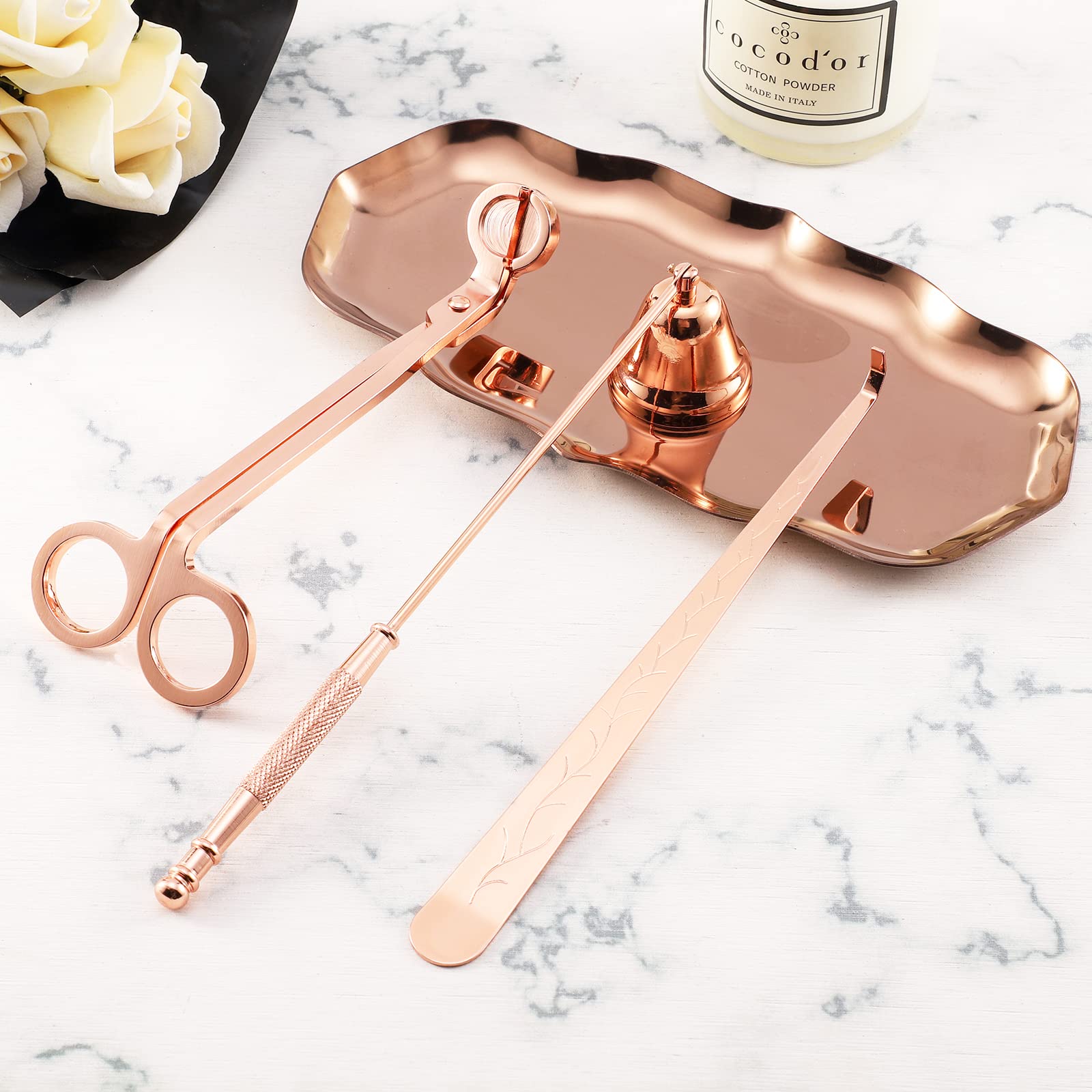 Candle Snuffer Set, 4 in 1 Candle Accessory Kit - Candle Snuffer, Candle Wick Trimmer, Candle Wick Dipper Plus Storage Tray, Candle Care Tools, for Candle Lovers - Rose Gold