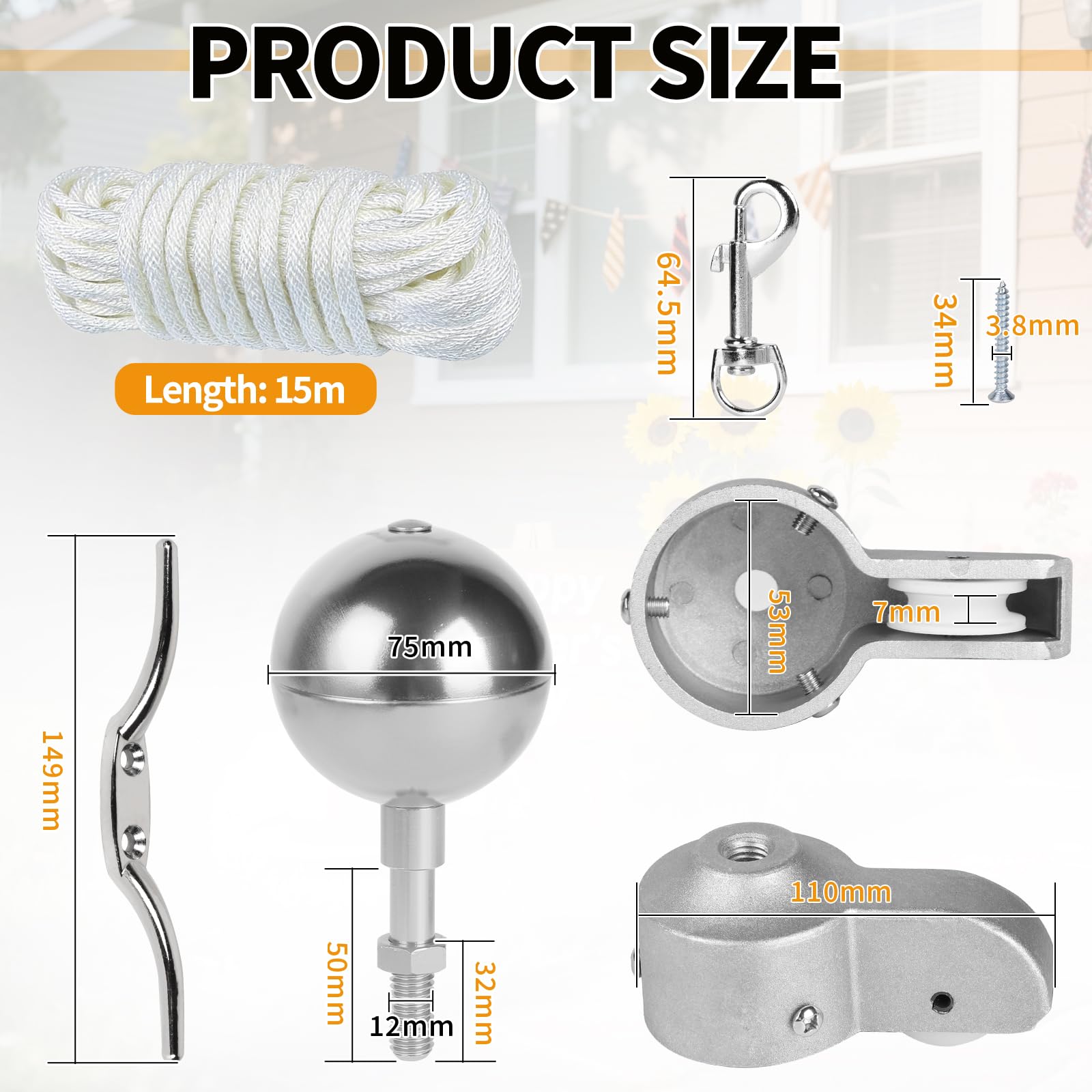 DBREAKS Fahnenmast Zubehör Set für Ø 5,1 cm Mastspitzen, Fahnenmast Reparaturset inkl.Kugel, 15m Seil, 4 Karabiner, Klampe, Topper mit Seilrolle, für Gartendekoration Heimgebrauch Außenbereich, Silver