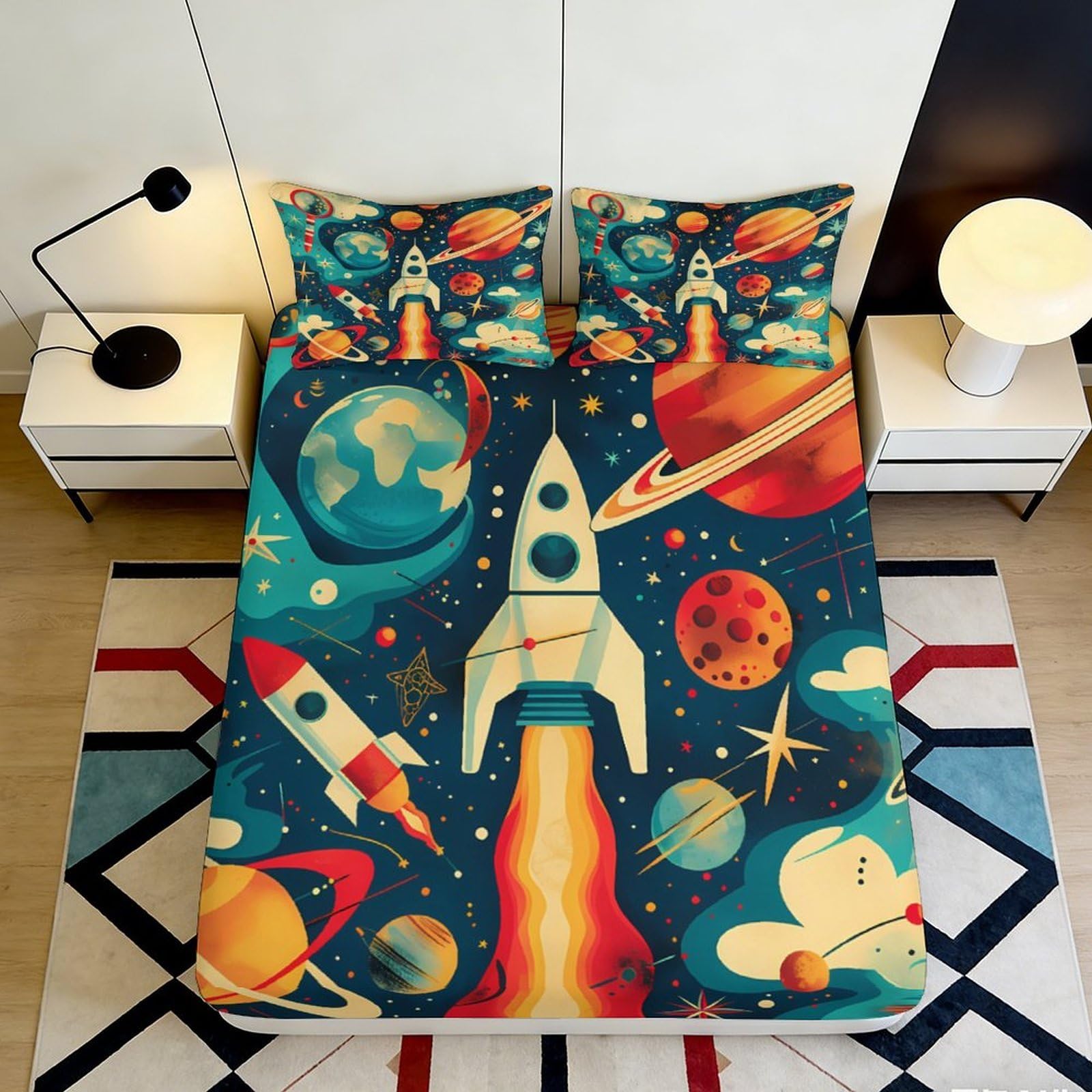 Jqzkxnhpbr Style-9 3D Printed Rocket Space Fitted Sheet Microfiber Soft Anti-Slip Planet Bed Sheet For Bedroom Dorm Kids Teen Room Decor 90X200x25cm