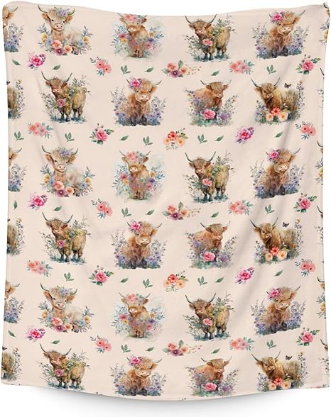 Mercuryelf Highland Cow Throw Blanket - Soft, Fuzzy & Warm - 60x80 Inches Flannel Blankets for Bed, Couch - Beige Cute Throws Gift for Adults