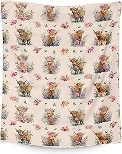Mercuryelf Highland Cow Throw Blanket - Soft, Fuzzy & Warm - 60x80 Inches Flannel Blankets for Bed, Couch - Beige Cute Throws Gift for Adults