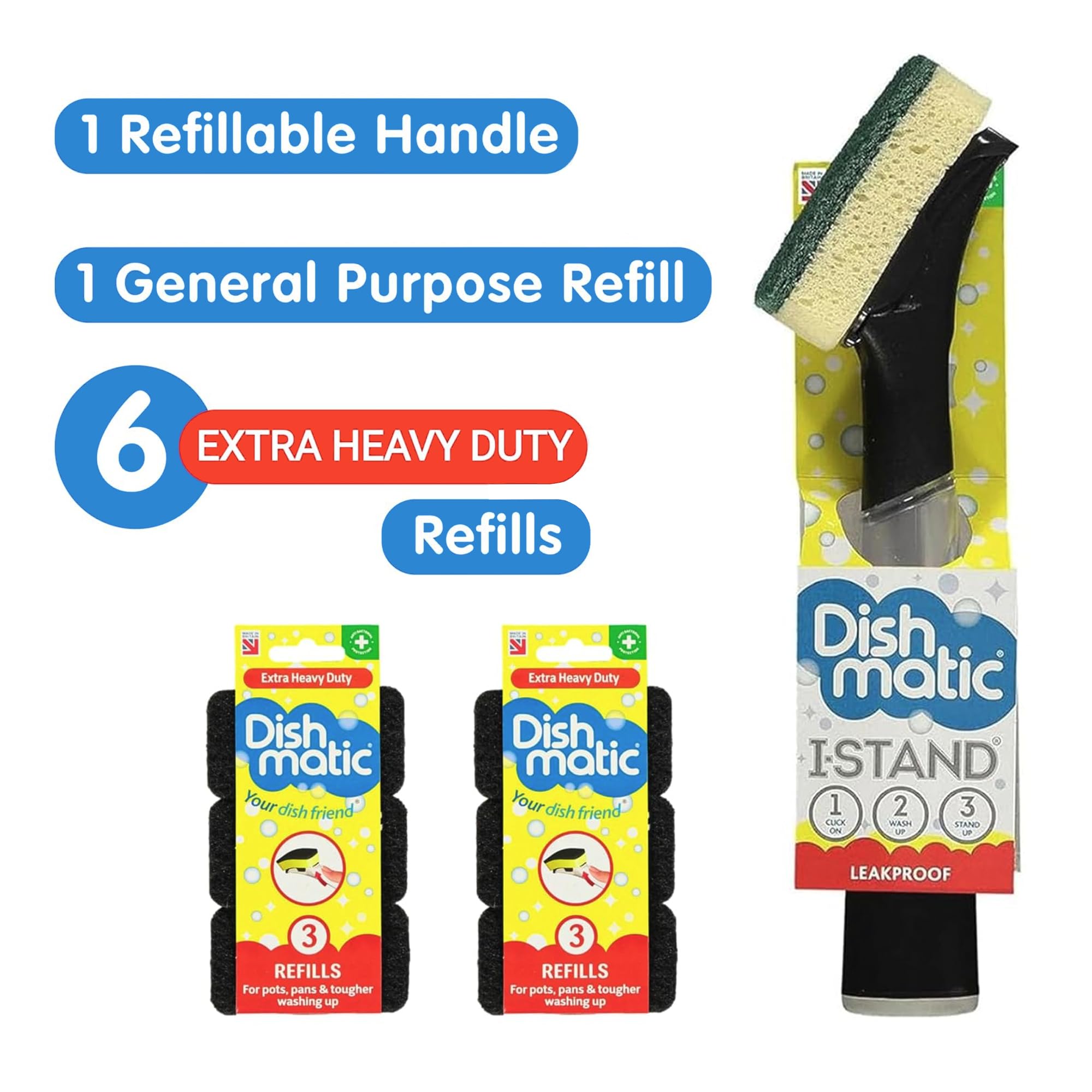 Dishmatic Leakproof Washing Up Brush Set- Self Standing Bacteria Free Kitchen Scourer including 6x Extra Heavy Duty Refills (Color May Vary) - Image 3