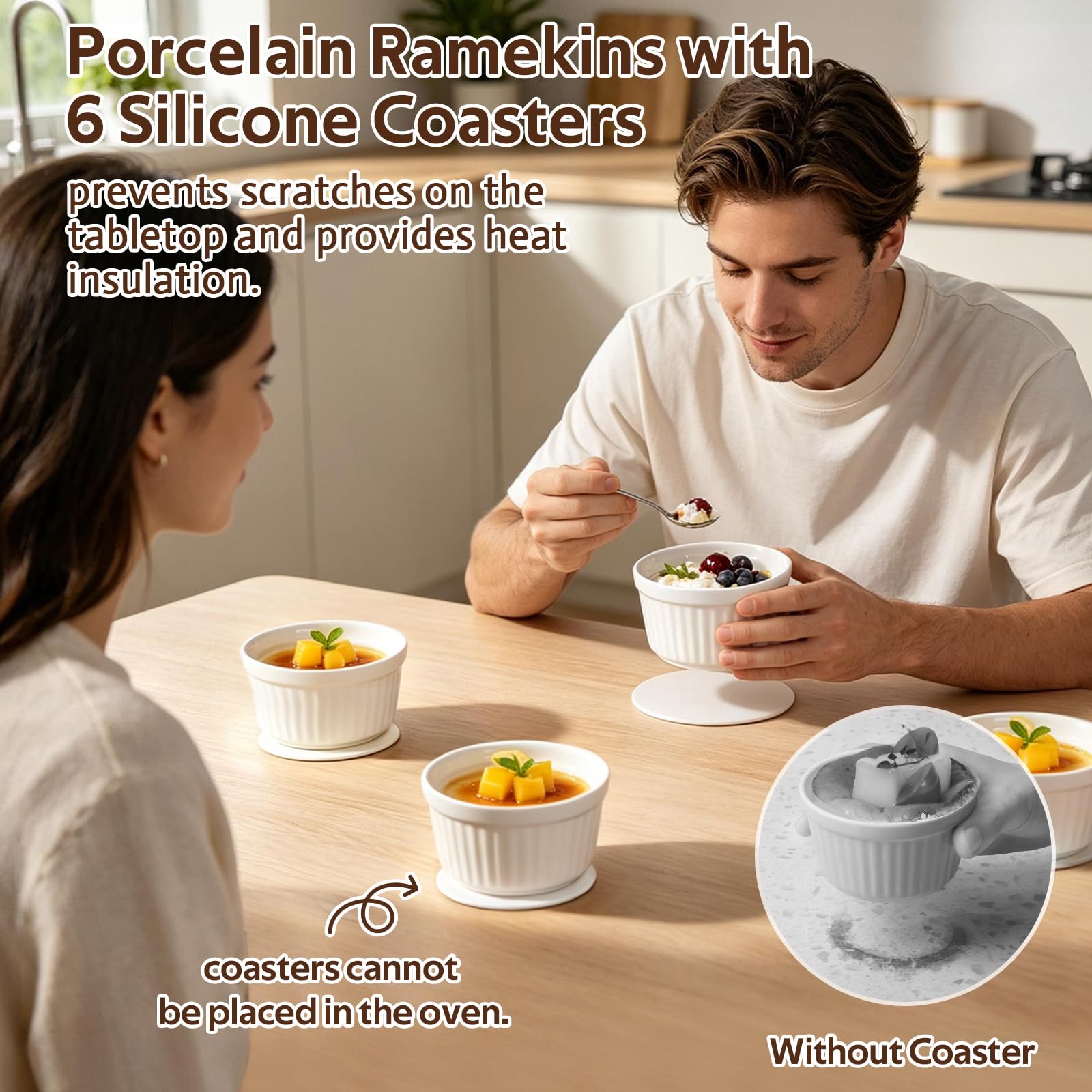 Set di 6 Pirottini in Porcellana da 200 ml, Piatti da Soufflé in Ceramica, Resistenti al Forno, 9 cm, per Torte, Budini, Gelati e Salse, Adatti per Friggitrice ad Aria, Bianchi