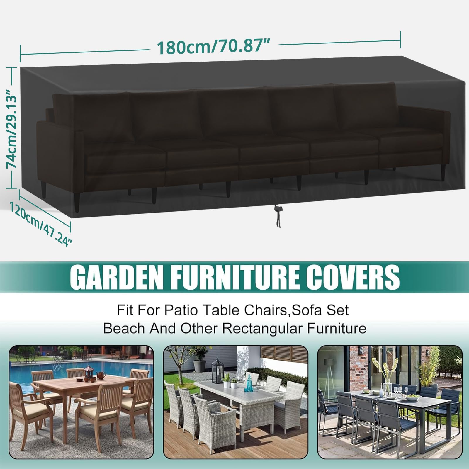 GARPROVM Copertura per Tavolo da Giardino Rettangolare 180x120x74 cm Impermeabile Tessuto Oxford 600D con Rivestimento PU Anti-UV