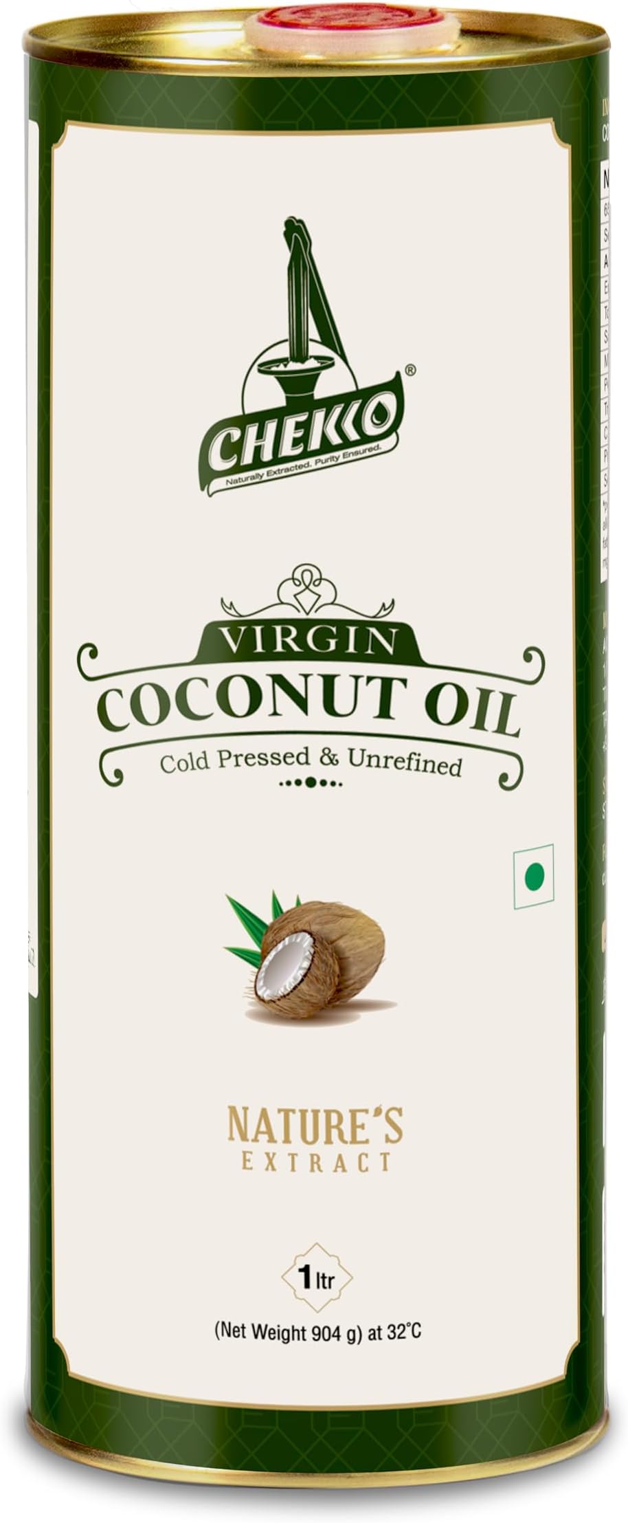 Chekko Cold Pressed Virgin Coconut Oil | 100% Natural, Pure & Wood Pressed (1L) for Cooking, Skin Care, Hair Growth, Baby Massage and Oil Pulling