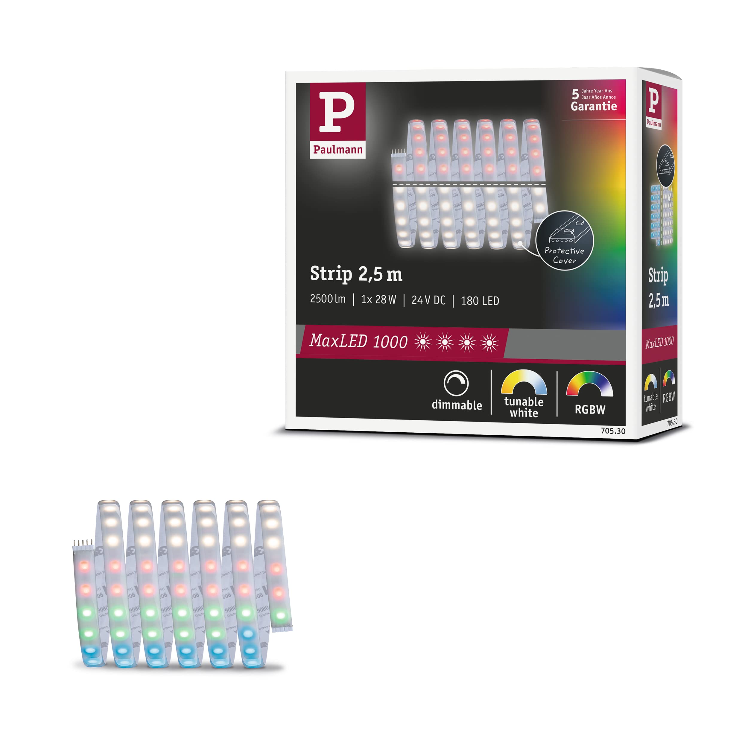 Paulmann 70530 MaxLED 1000 LED Strip RGBW Einzelstripe IP44 28W 1000lm/m dimmbar 2,5m Silber Kunststoff 72LEDs/m