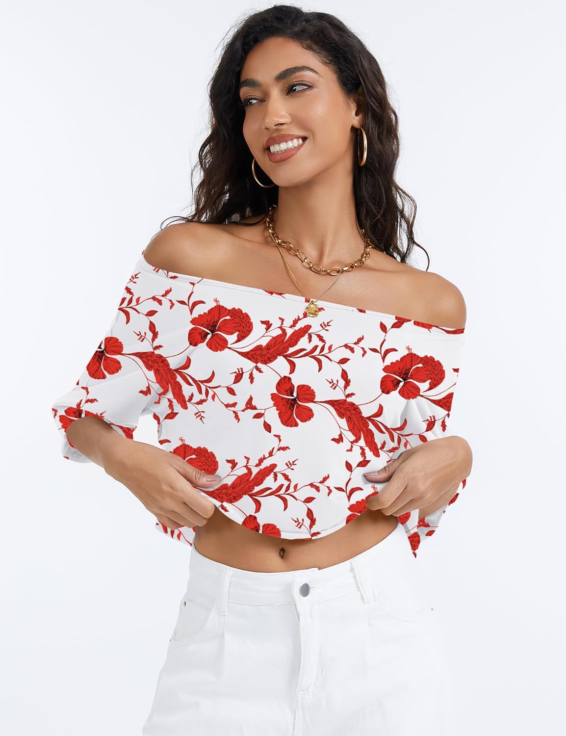 Kistore Off The Shoulder Tops for Women Going Out Short Sleeve Crop Top Boat Neck Loose T Shirt - Image 3