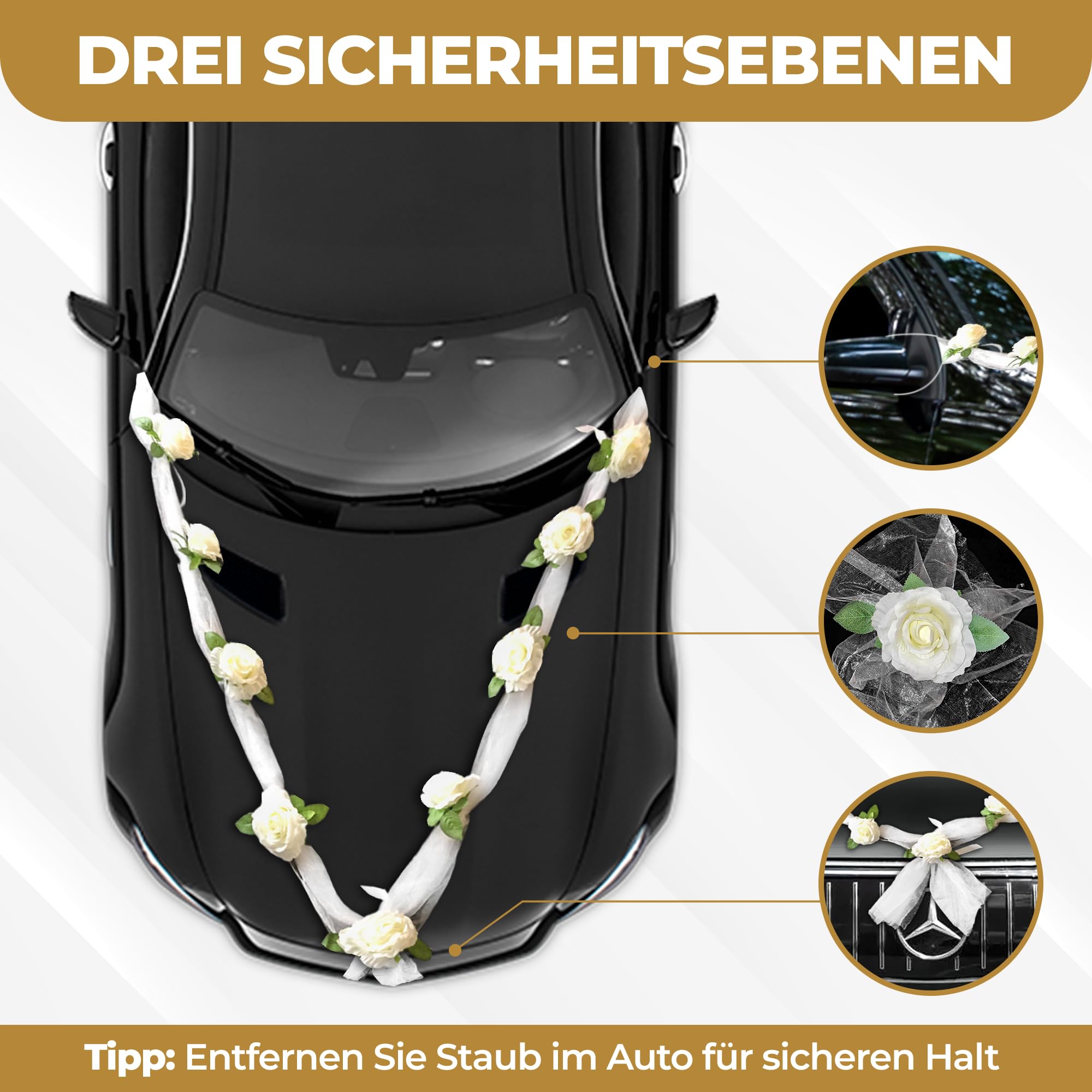 Autoschmuck Hochzeit Motorhaube – 2X 180cm Seidenblumen Girlande Weiß mit Saugnäpfen & 4 Türblüten – Brautauto Deko Set für Türgriffe
