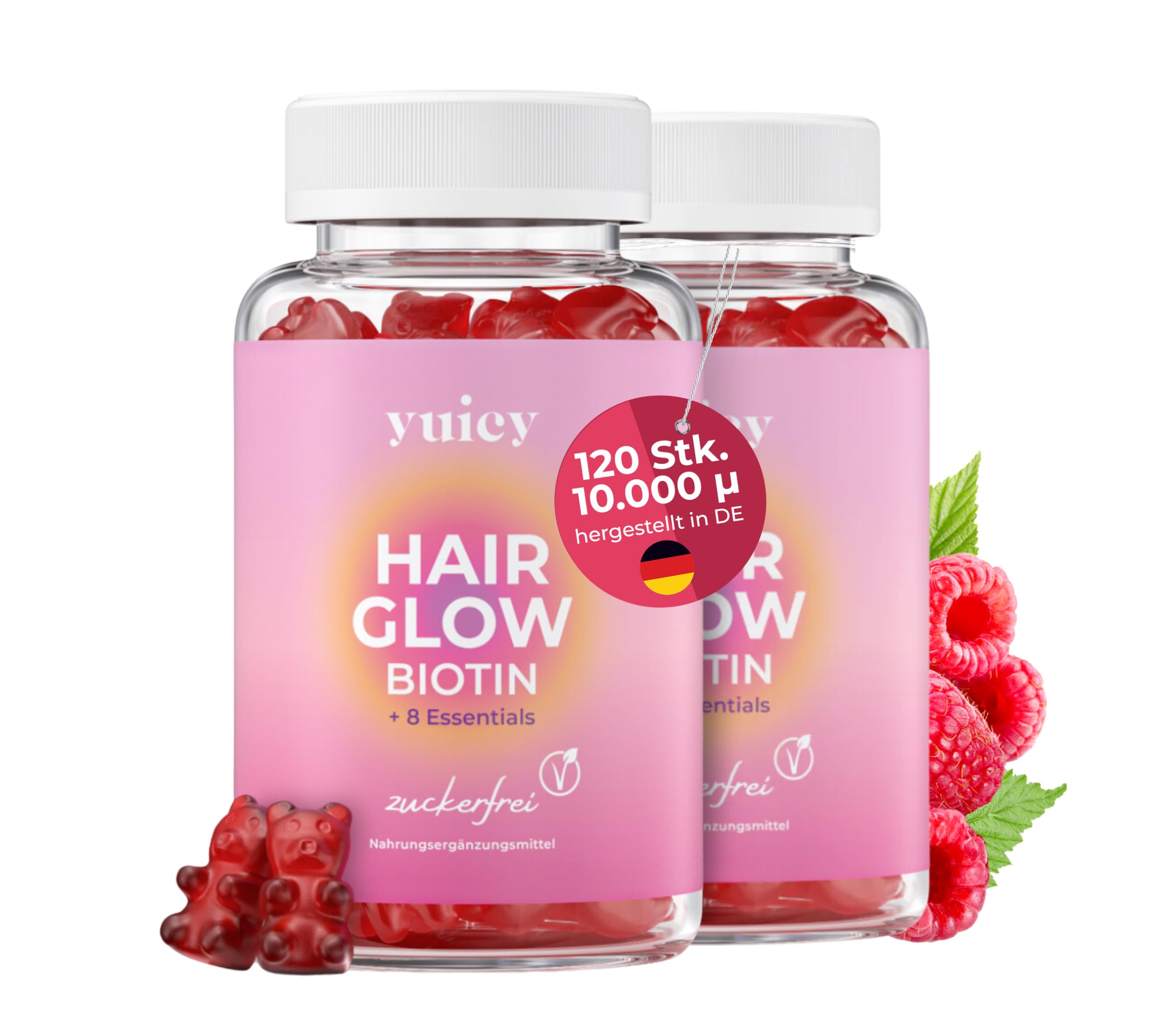 yuicy® 10.000 µg Biotin hochdosiert - Zuckerfreie Haar Vitamine mit Niacin, Vitamin C, Zink für Haut Haare Nägel - Haarwachstum Beschleunigen - Yuicy Hair Glow Haarvitamine Vegan 120 Stück