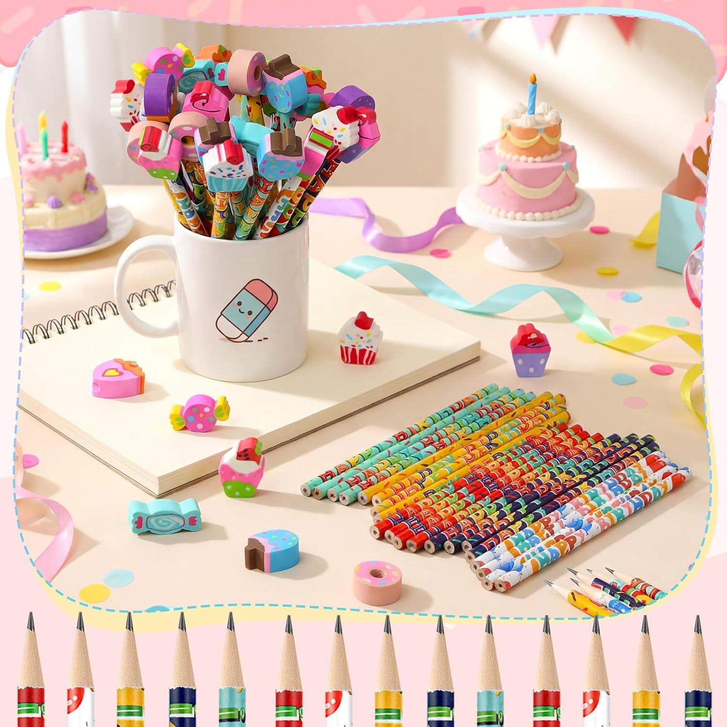 Kosiz 300 Piece Happy Birthday Pencil Party Favor Set, 150 Birthday Pencils with 150 Cake Eraser Toppers, Bulk Game Rewards Prize, Goodie Bag Stuffers, Party Supplies