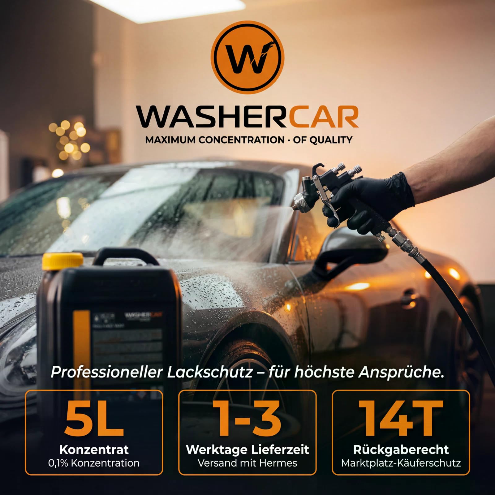 WasherCar Autowachs Konzentrat 5L – Polymerwachs & Nanowachs | Lackversiegelung mit Lotus-Effekt & Abperleffekt | Trocknungswachs & Schnellwachs | Foam Cannon & Hochdruckreiniger | Made in Europe