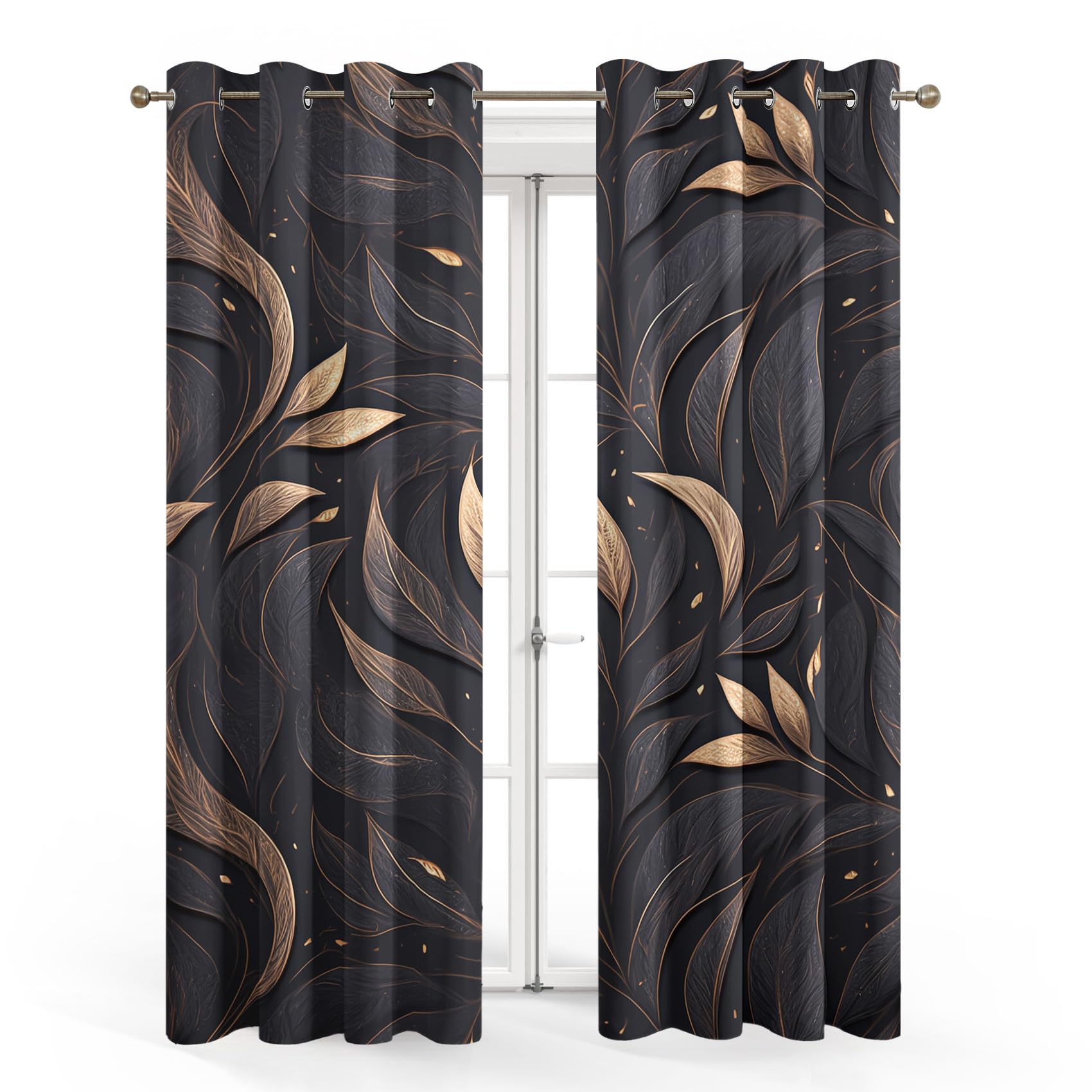 Gold Schwarze Blätter Vorhänge, Luxuriöses Metallic Verdunklungsvorhänge mit Ösen, Vorhang Blickdicht für Wohnzimmer Schlafzimmer Dekoration, Gardinen mit Muster, 2er Set, 137 x 117 cm (HöhexBreite)