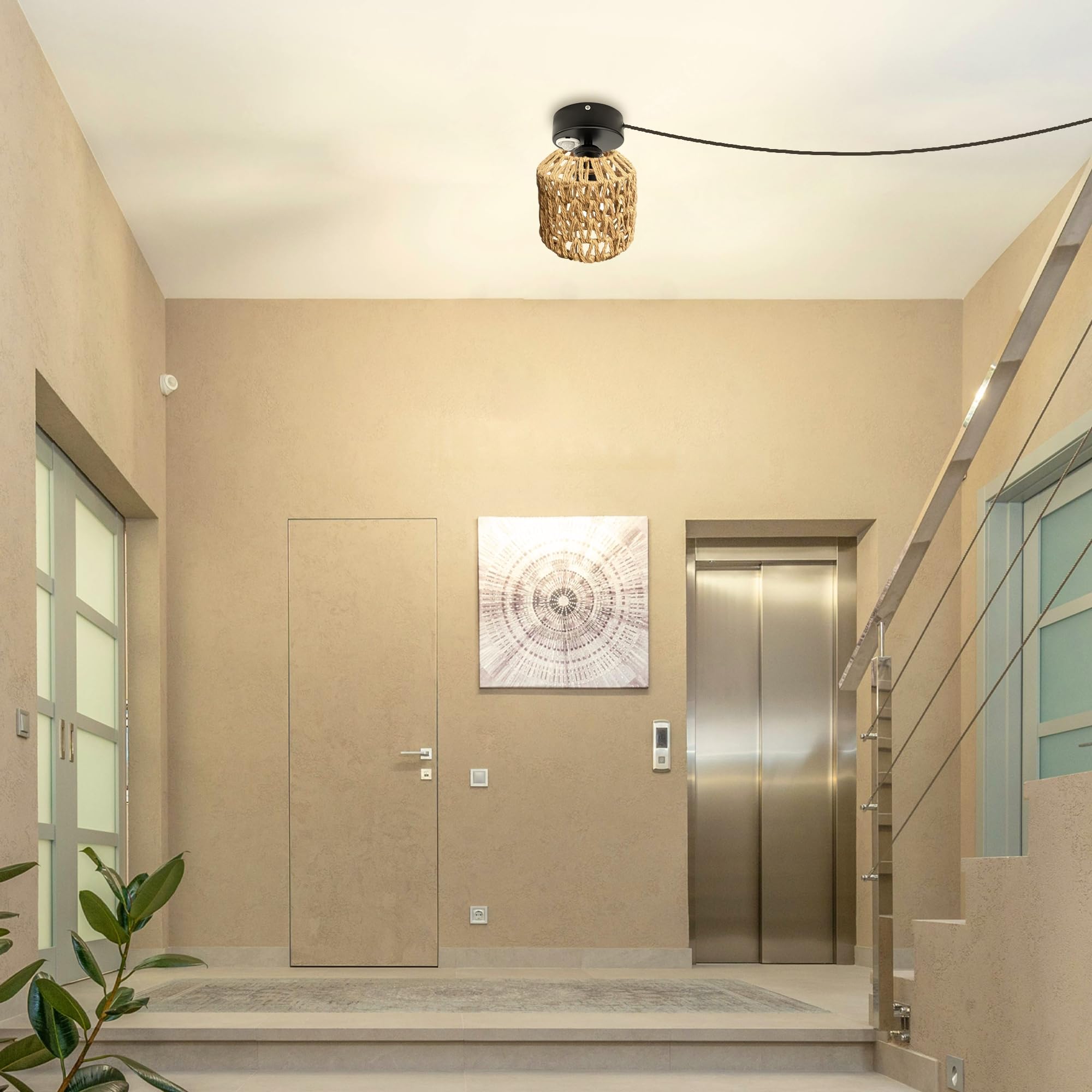 Lampada da soffitto con sensore di movimento interno, stile boho rattan, lampada da soffitto radar, sensore di movimento con cavo da 4,5 m e portalampada E27, per corridoio, bagno, scale,