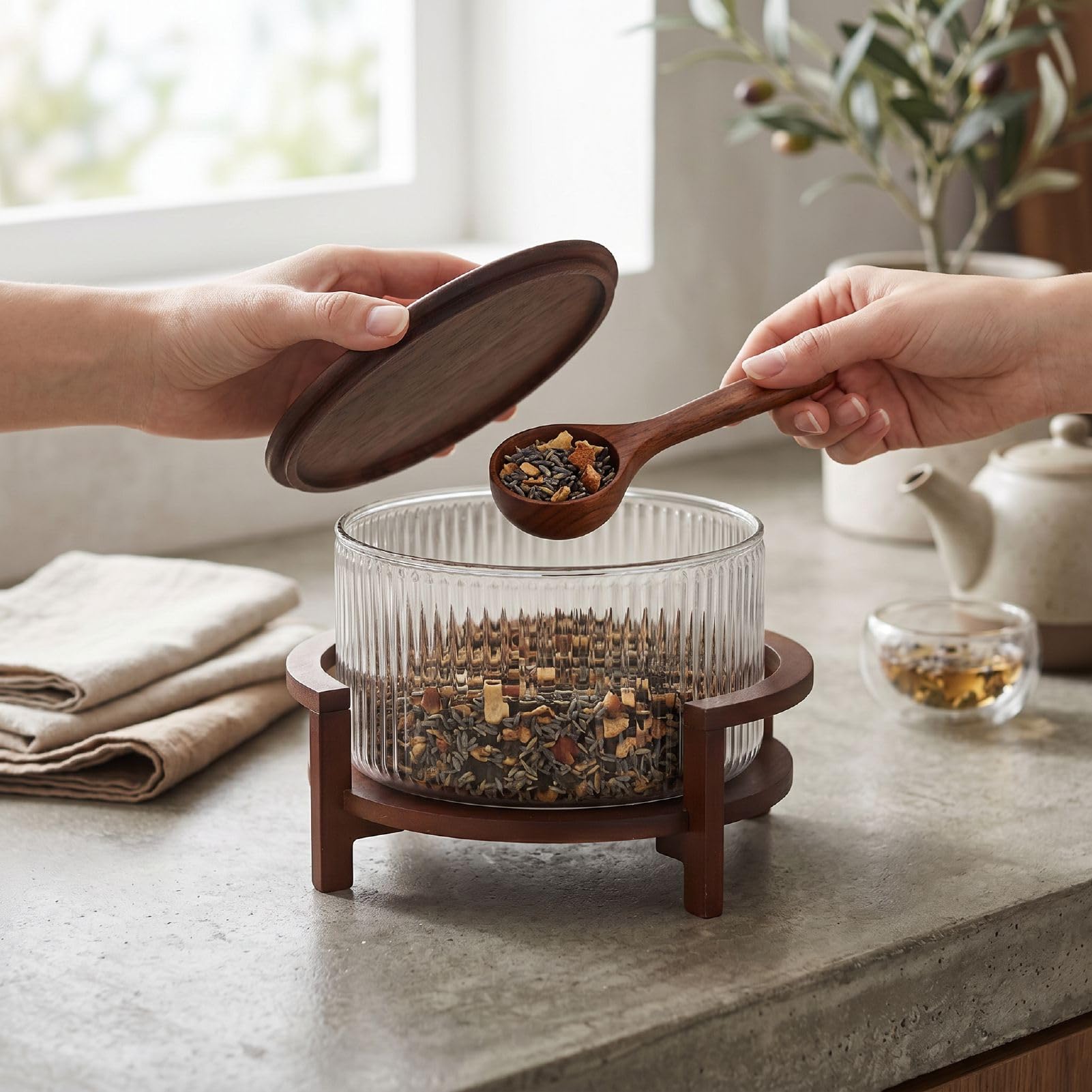 Garsent Ensaladera de Vidrio de 4,3 L con Soporte y Tapa de Madera, Cuenco Grande para Servir Frutas a Prueba de Calor para el Hogar, Comedor, Reunión, Cocina