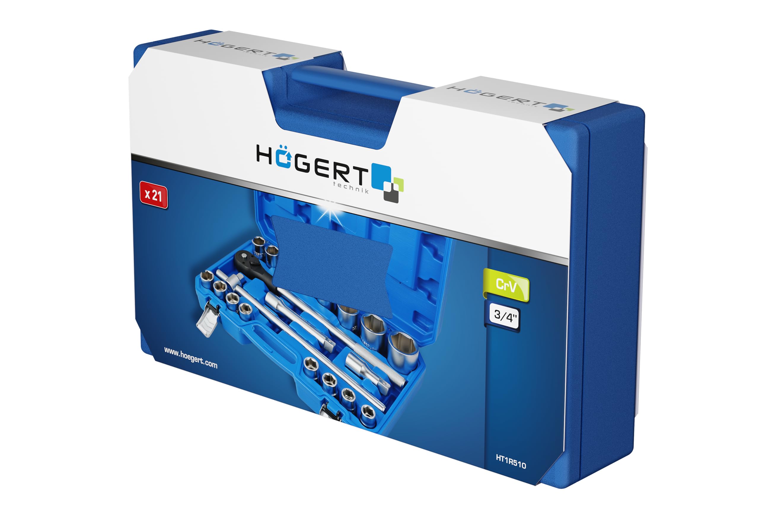 Högert Technik - Zestaw narzędzi 21 elementów, 3/4" | zestaw narzędzi | grzechotka, klucz nasadowy i inne akcesoria 3/4" | stop stali chromowo-wanadowej