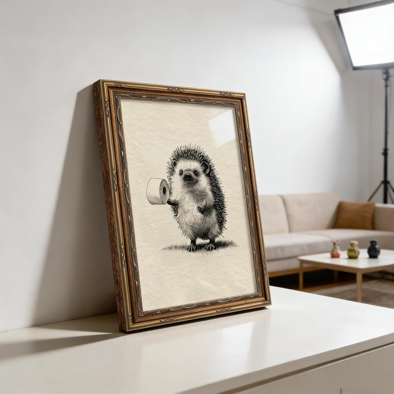 Vintage Gold Framed Fun Bathroom Wall Art, Hedgehog Holding Toilet Paper Painting Canvas Prints, Cute Animal Picture Wall Decor, Interesting Restroom Poster Artwork For Bathroom Home Decor
