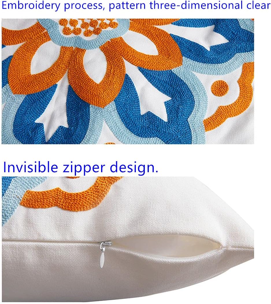 Decorative Throw Pillow Covers Embroidery Pillowcase Cotton Canvas Square 18 Inches Cushion Cases Set of 2