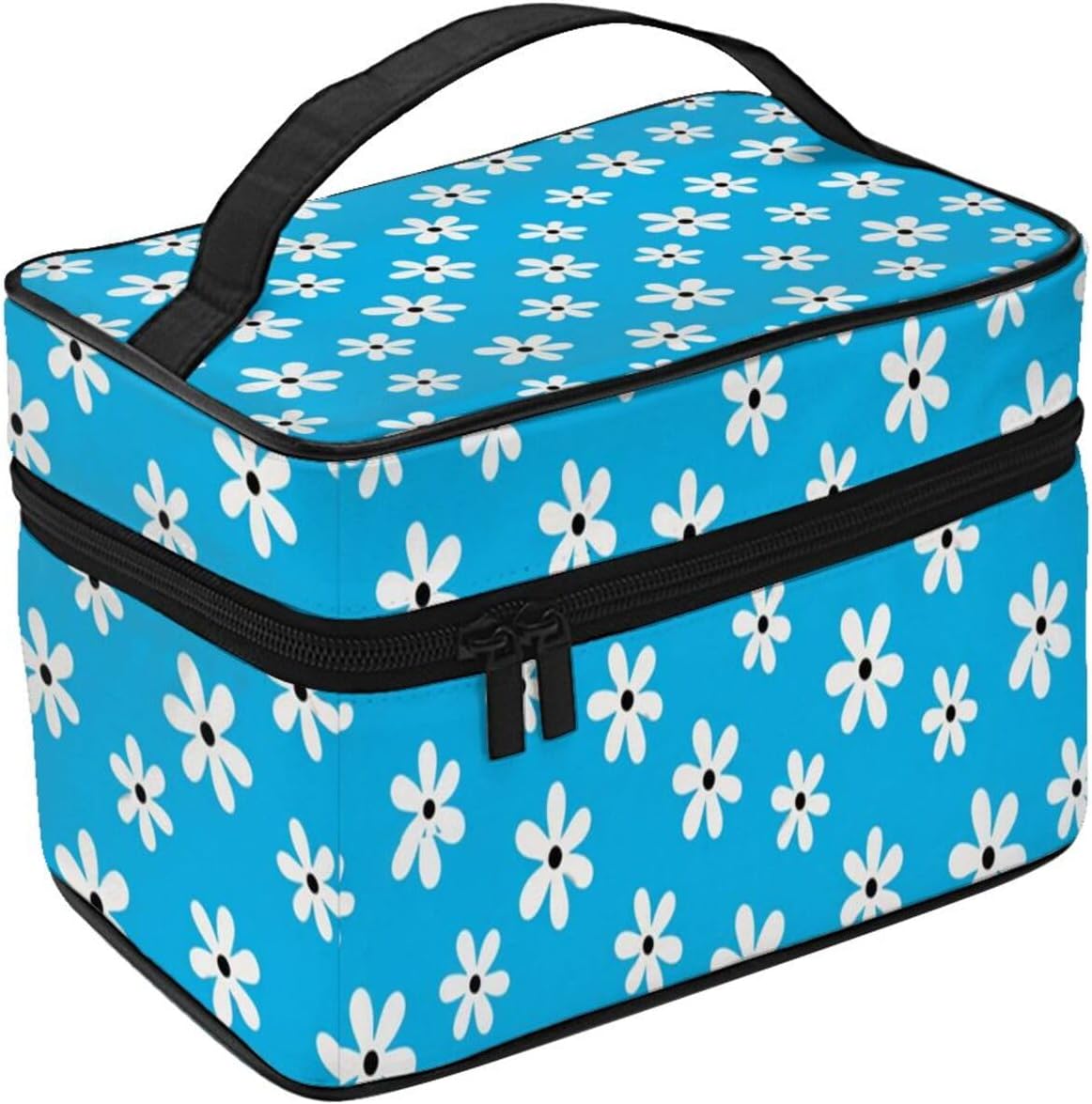 Blue White Daisies Pattern Travel Toiletry Bag 9x6.7x6.3 Inch,Makeup Bag Cosmetic Organizer With Compartments Elastic Holders Portable Travel Kit For Women Men image 2