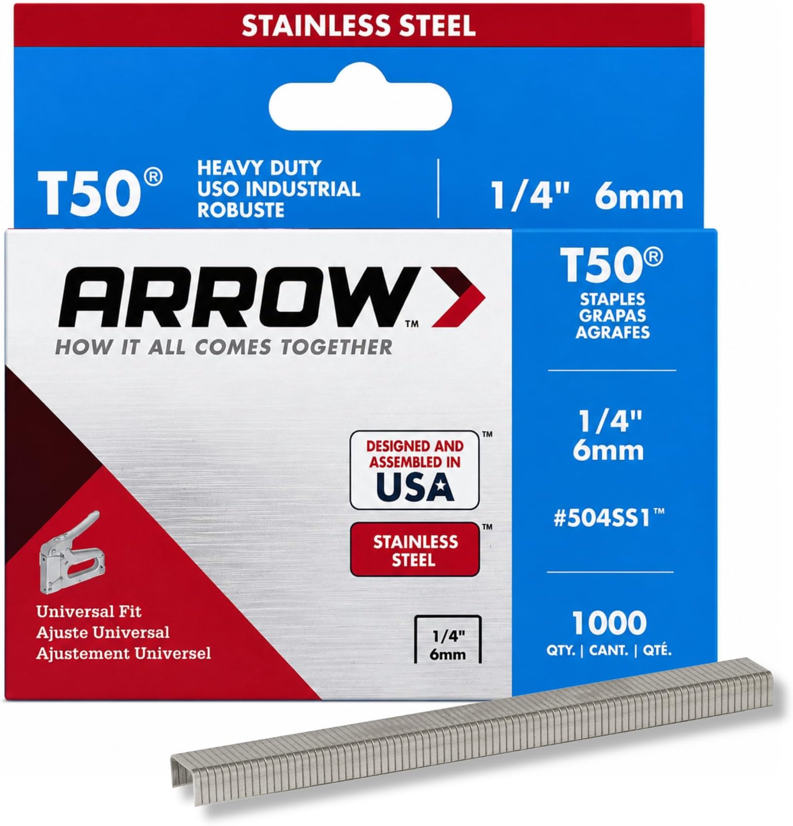 Arrow Fastener 504SS1 Heavy Duty T50 Stainless Steel Staples for Upholstery, Construction, Furniture, Crafts, 1/4-Inch Leg Length, 3/8-Inch Crown Size,1000-Pack