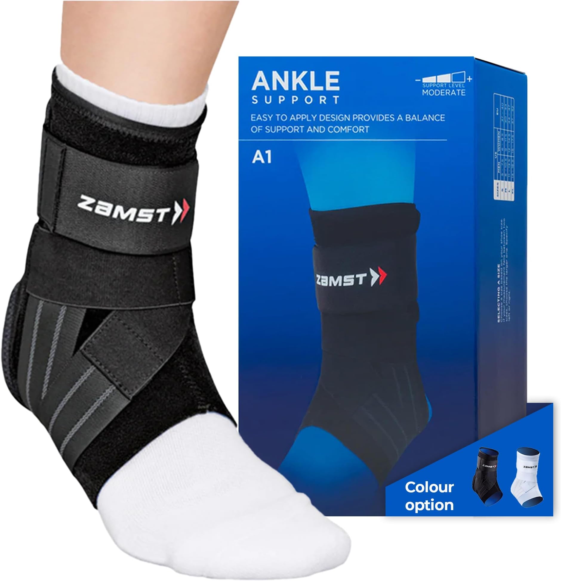 Zamst A1 Black Ankle Brace for Sports - Breathable Sports Ankle Support for Men and Women with Adjustable Three Way Straps for Moderate Lateral Ankle Sprain - (Right, M)