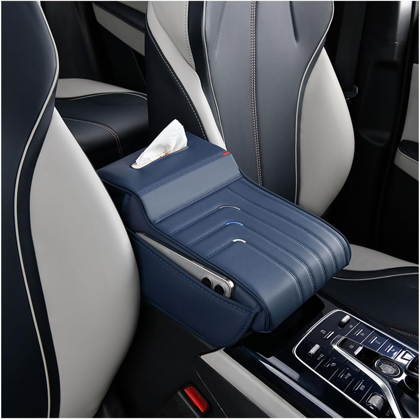 ELNas Car Center Console Armrest Pillow for Suzuki Swift Dzire Splash Baleno Liana Ertiga, Auto Center Console Pad Leather Arm Rest Protector Cushion,Blue