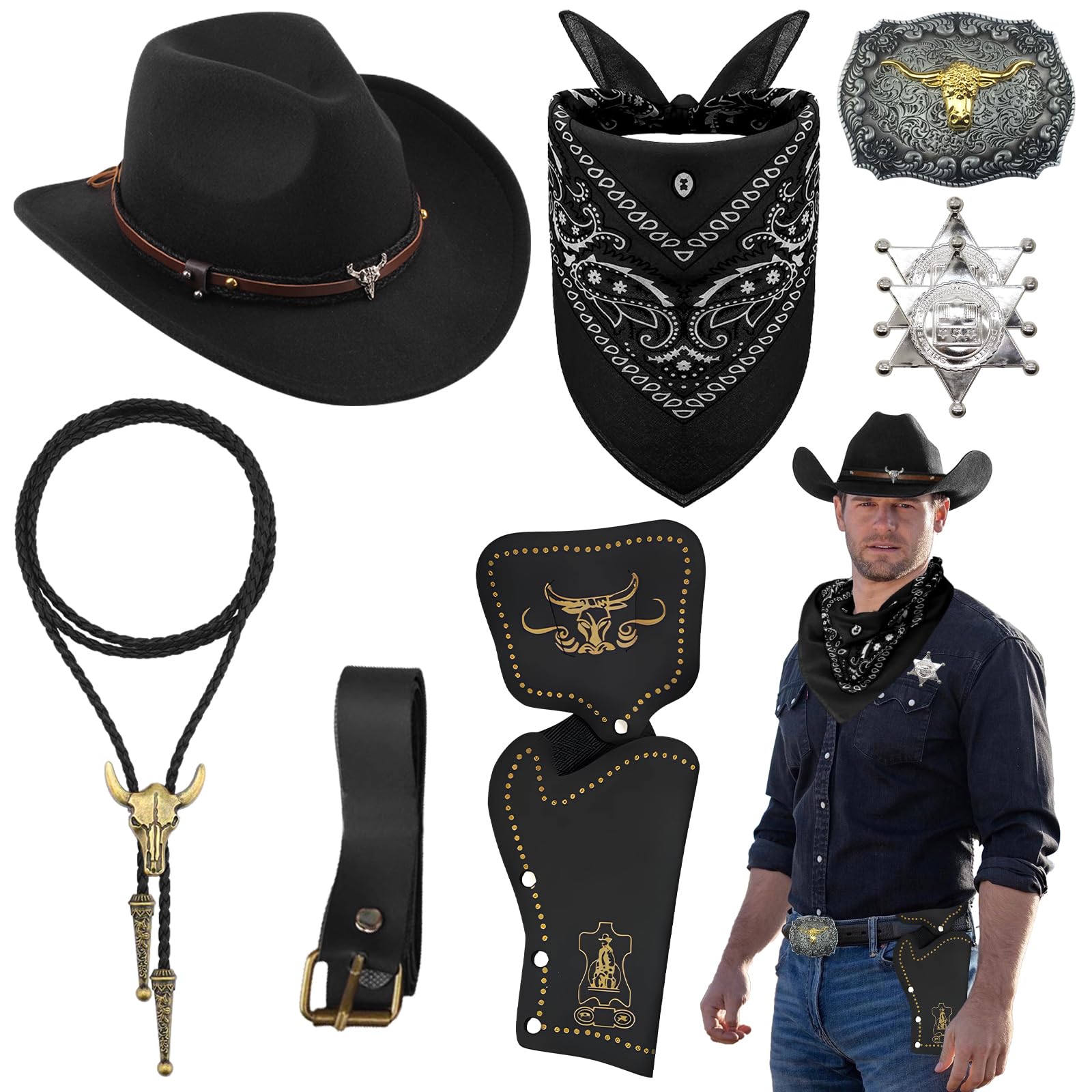 8 Stück Cowboy Kostüm Zubehör Set, Deluxe Western Cowboy Outfit Kit mit Brauner Hut Paisley Bandana Holster Gürtel Boloschnalle Krawatte Halskette Sheriff Abzeichen für Herren Cosplay Party