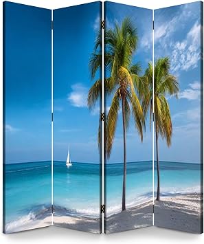 4 Panels Folding Screen Room Divider Beautiful Caribbean Beach Canvas Screen Room Separator Freestanding Protective Decorative Divider Privacy Partition
