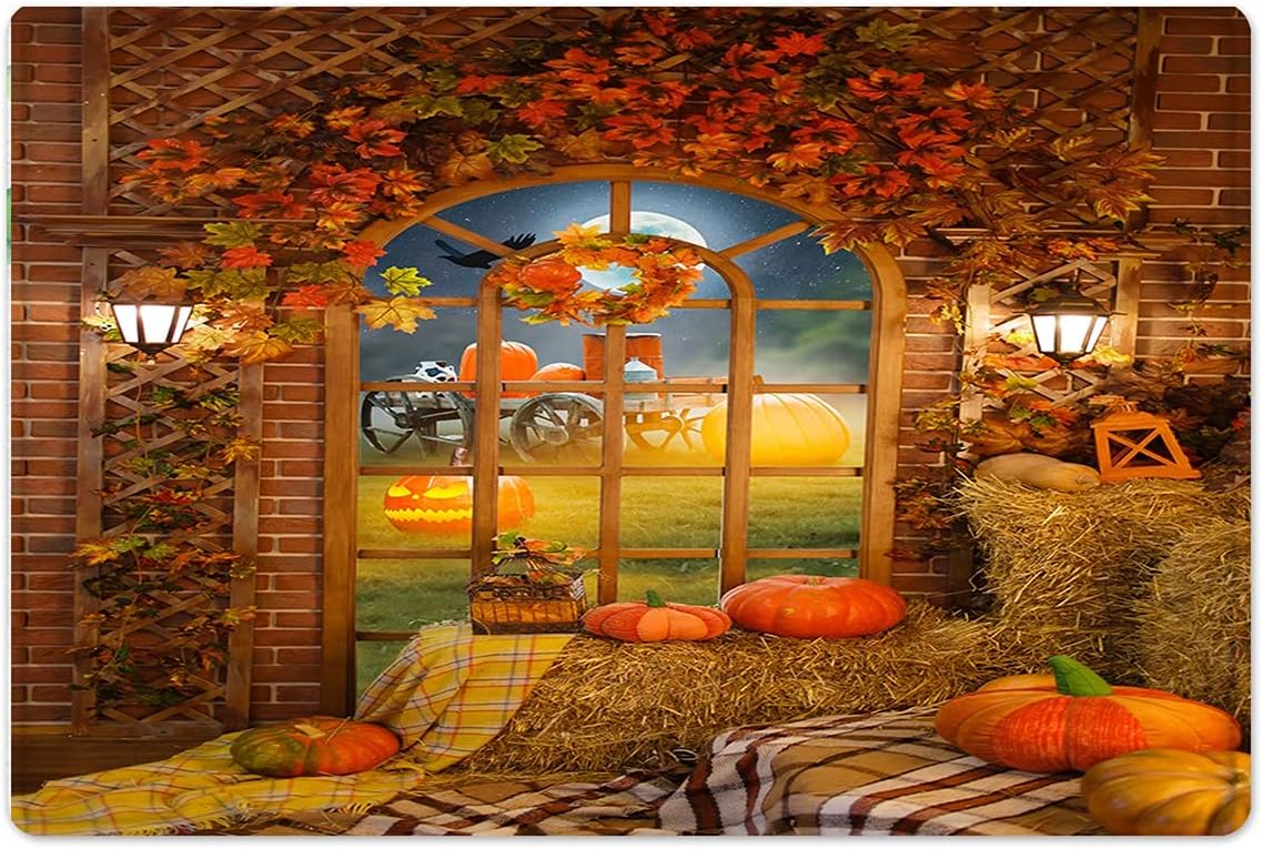 HVEST Fall Halloween Shower Curtain Sets with Rugs Harvest Autumn Maple Leaves Thanksgiving Shower Curtains Horror Pumpkin Lantern Crow Full Moon Bathroom Curtain Polyester Fabric 12 Hooks 69X70Inches