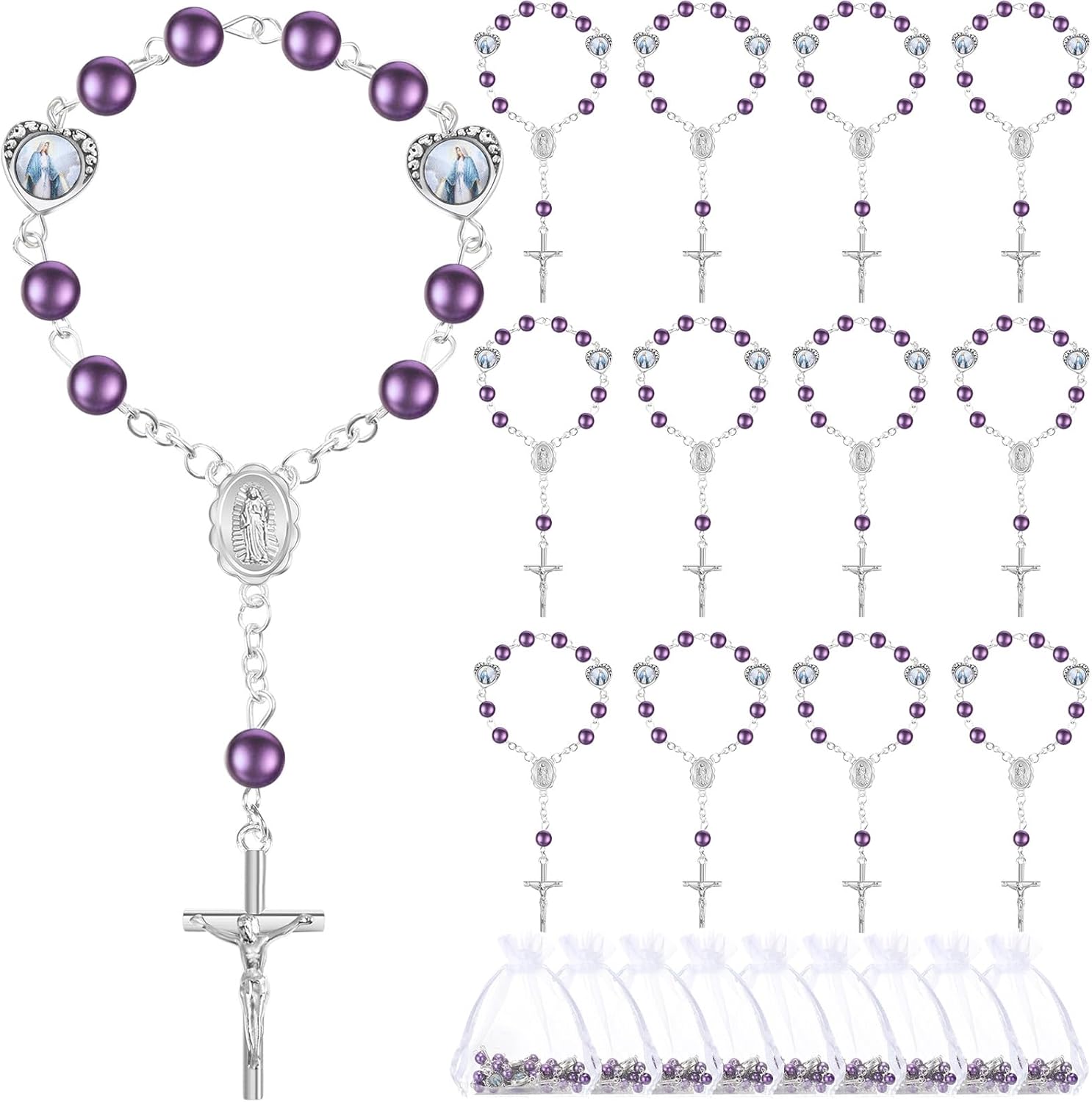 Misdary 30 Sets Baptism Mini Rosary with Organza Bags Faux Pearls Baptism Rosary Favors for Guests Catholic Finger for Christening Weddings Party Favors First Communion Gift(Pink)